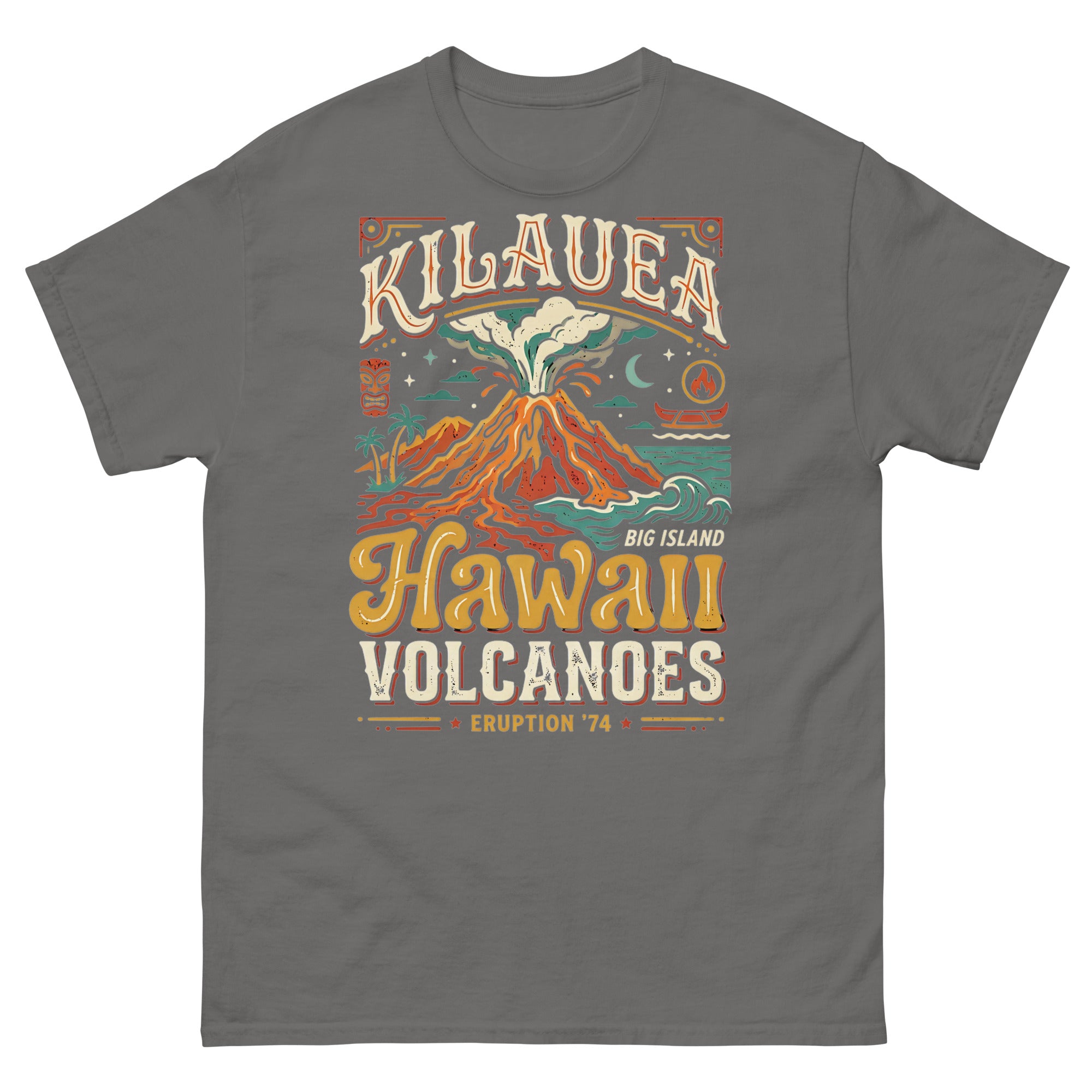 Kilauea Hawaii Volcanoes Eruption Hawaiian t-shirt design on a Charcoal unisex tee