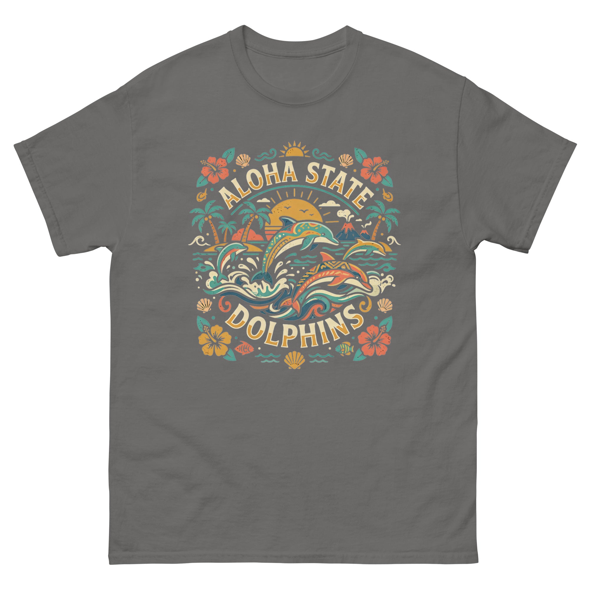 Aloha State Dolphins Hawaiian t-shirt design on a Charcoal unisex tee