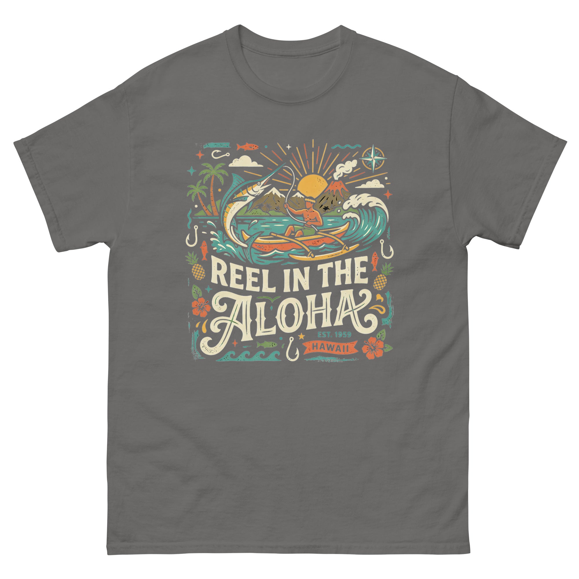 Reel in the Aloha Hawaiian t-shirt design on a Charcoal unisex tee