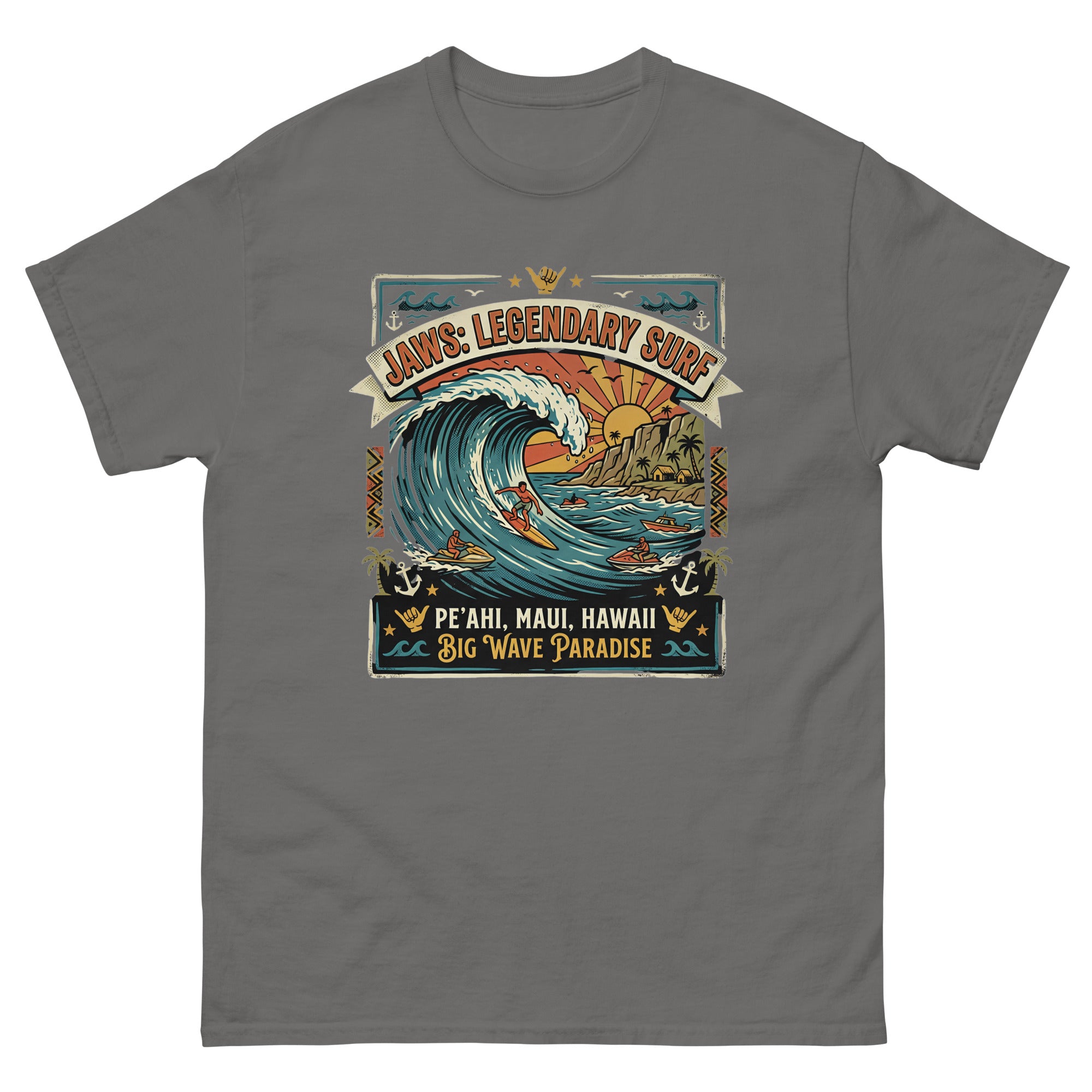 Jaws Legendary Surf Peahi Hawaiian t-shirt design on a Charcoal unisex tee