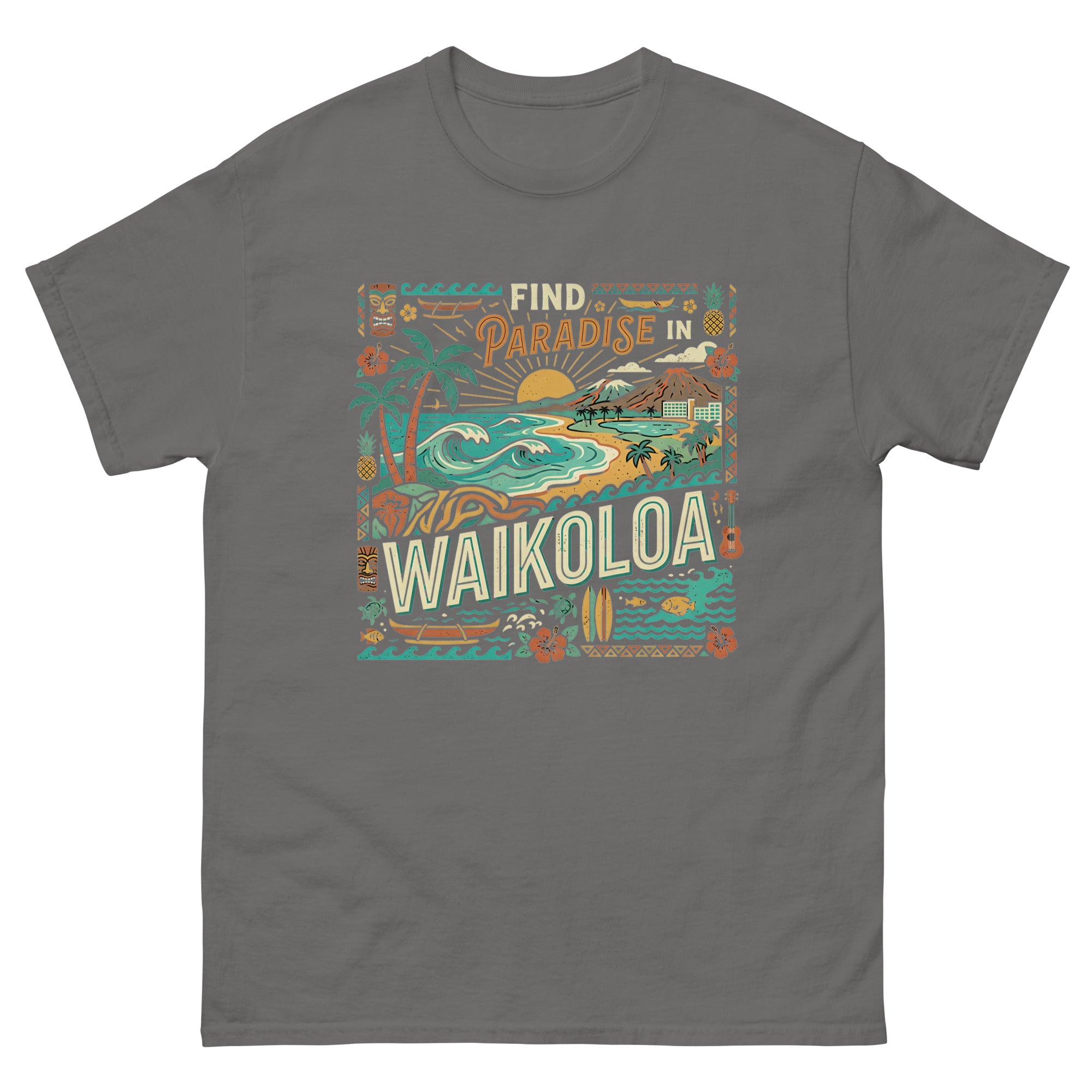 Find Paradise in Waikoloa Hawaiian t-shirt design on a Charcoal unisex tee
