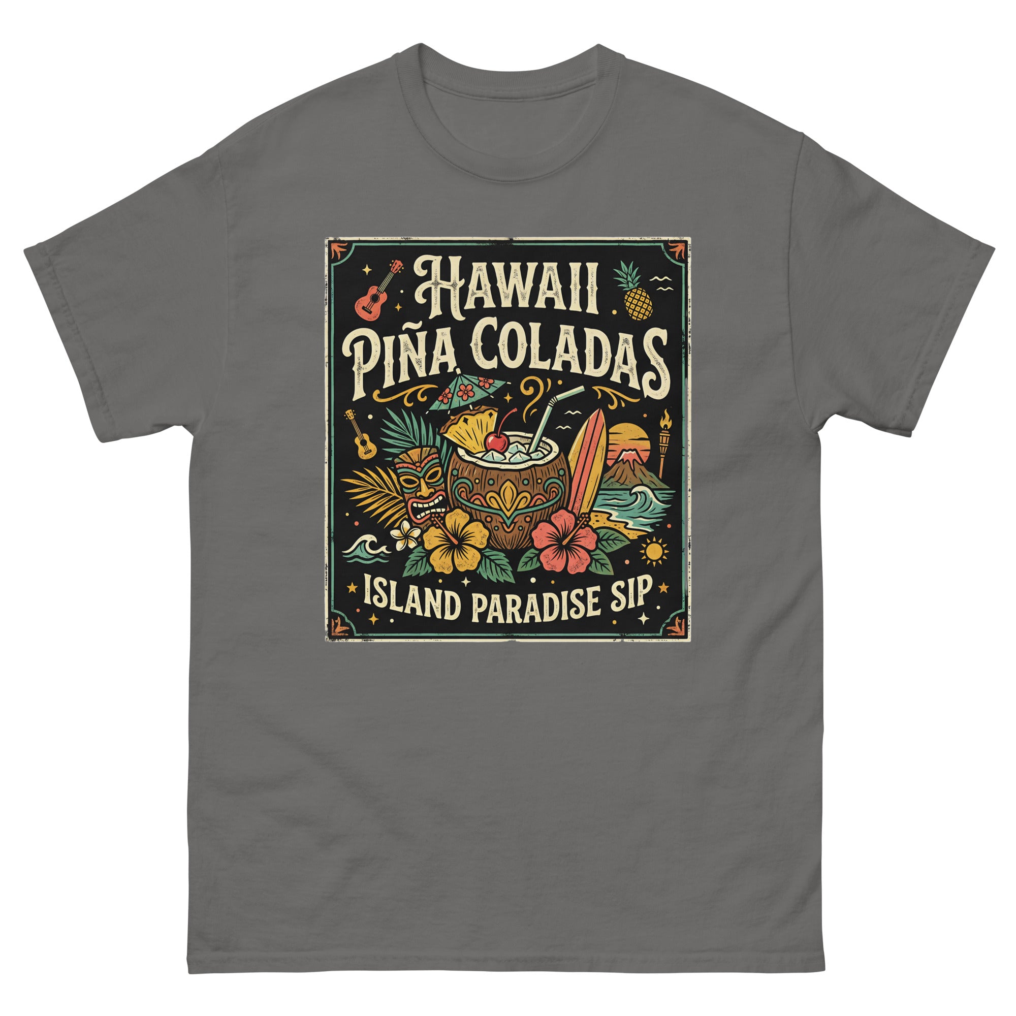 Hawaii Pina Coladas Aloha in a Glass Hawaiian t-shirt design on a Charcoal unisex tee