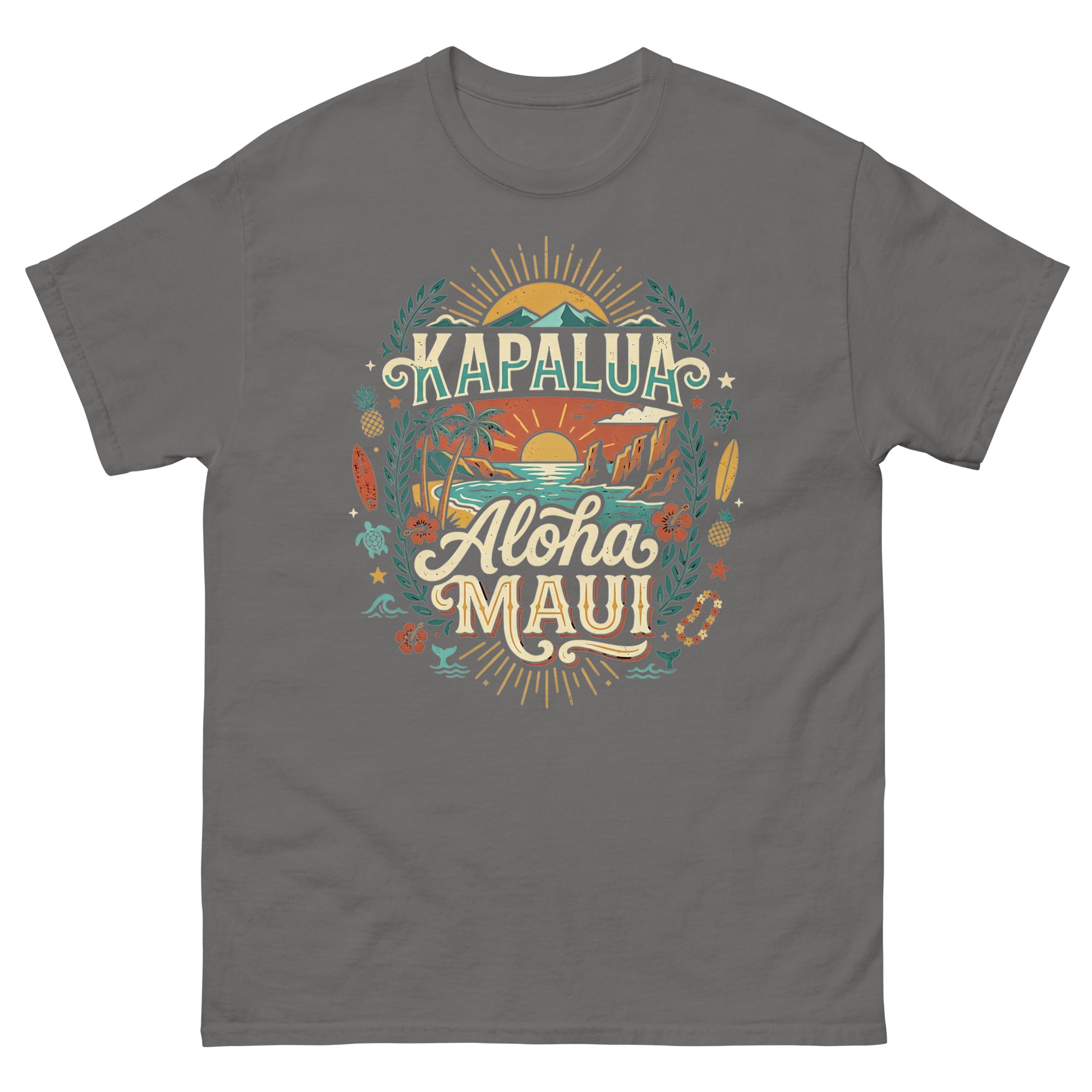 Kapalua Aloha Maui Hawaiian t-shirt design on a Charcoal unisex tee