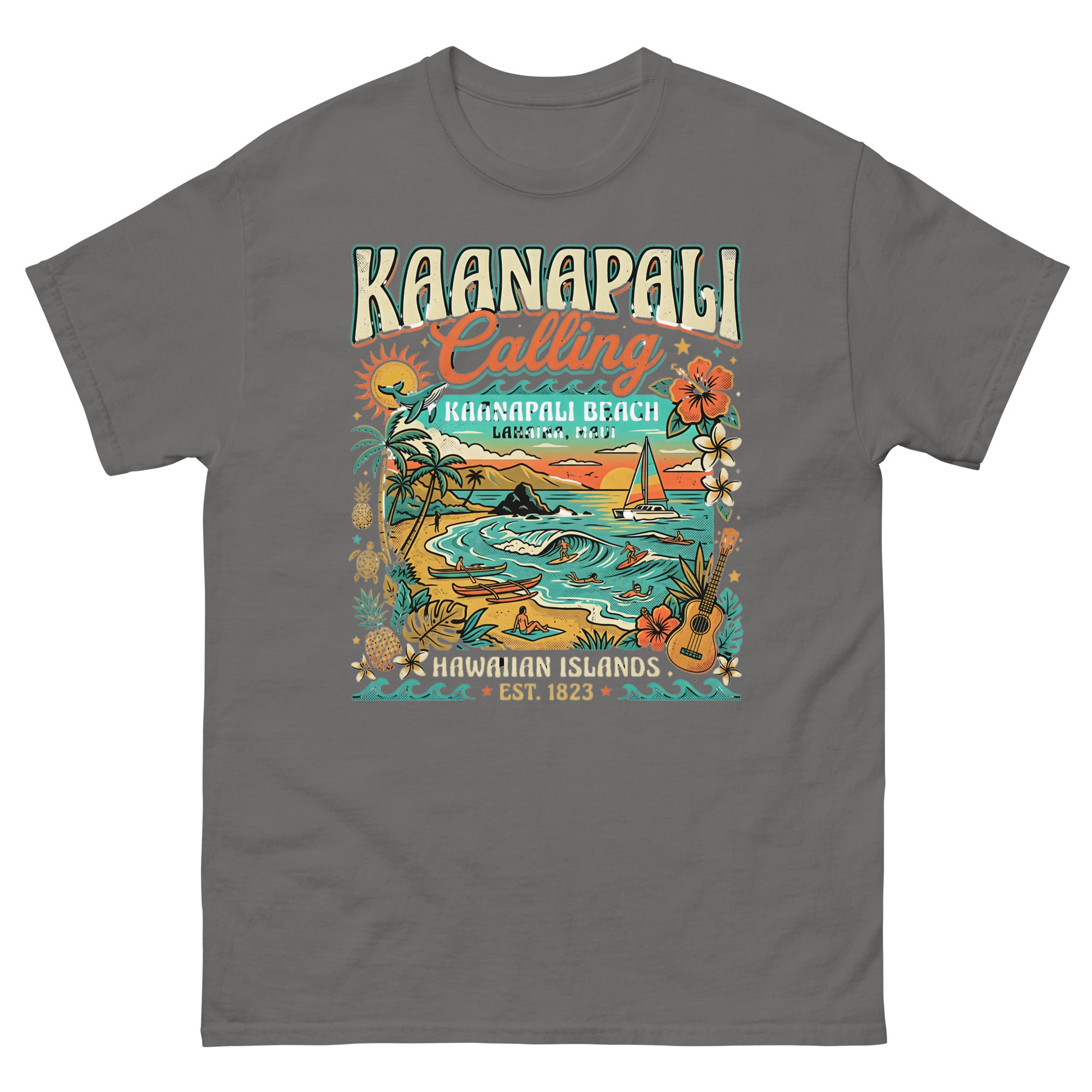 Kaanapali Calling Beach v1 Hawaiian t-shirt design on a Charcoal unisex tee