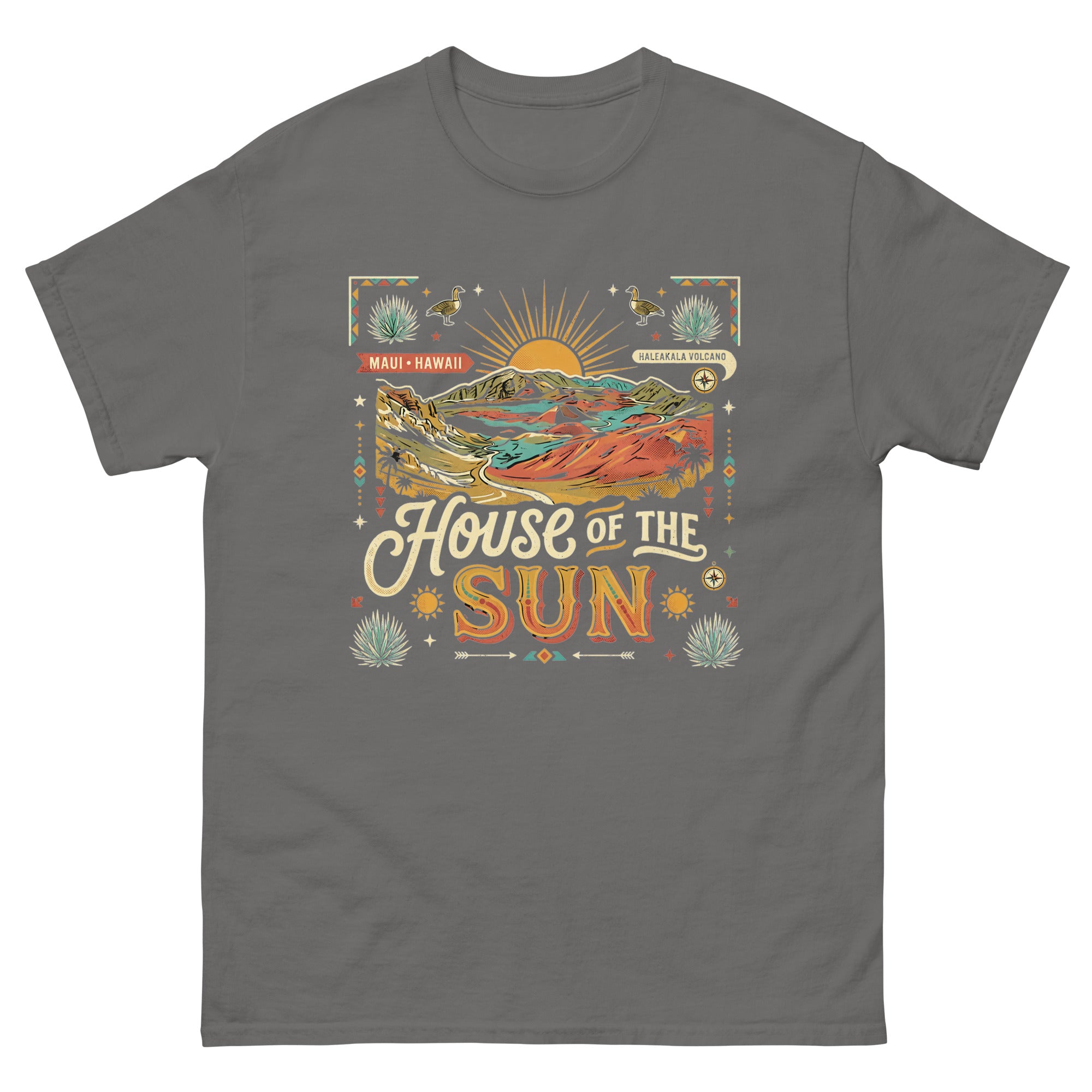 House of the Sun Haleakala Volcano Hawaiian t-shirt design on a Charcoal unisex tee