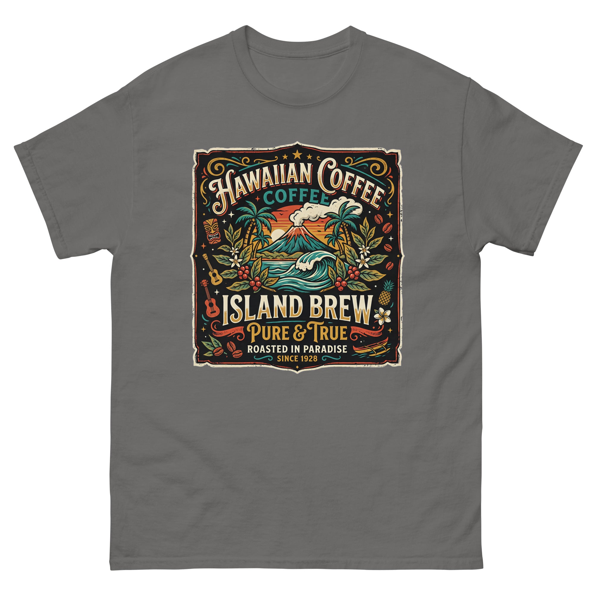 Hawaiian Coffee Island Brew Hawaiian t-shirt design on a Charcoal unisex tee