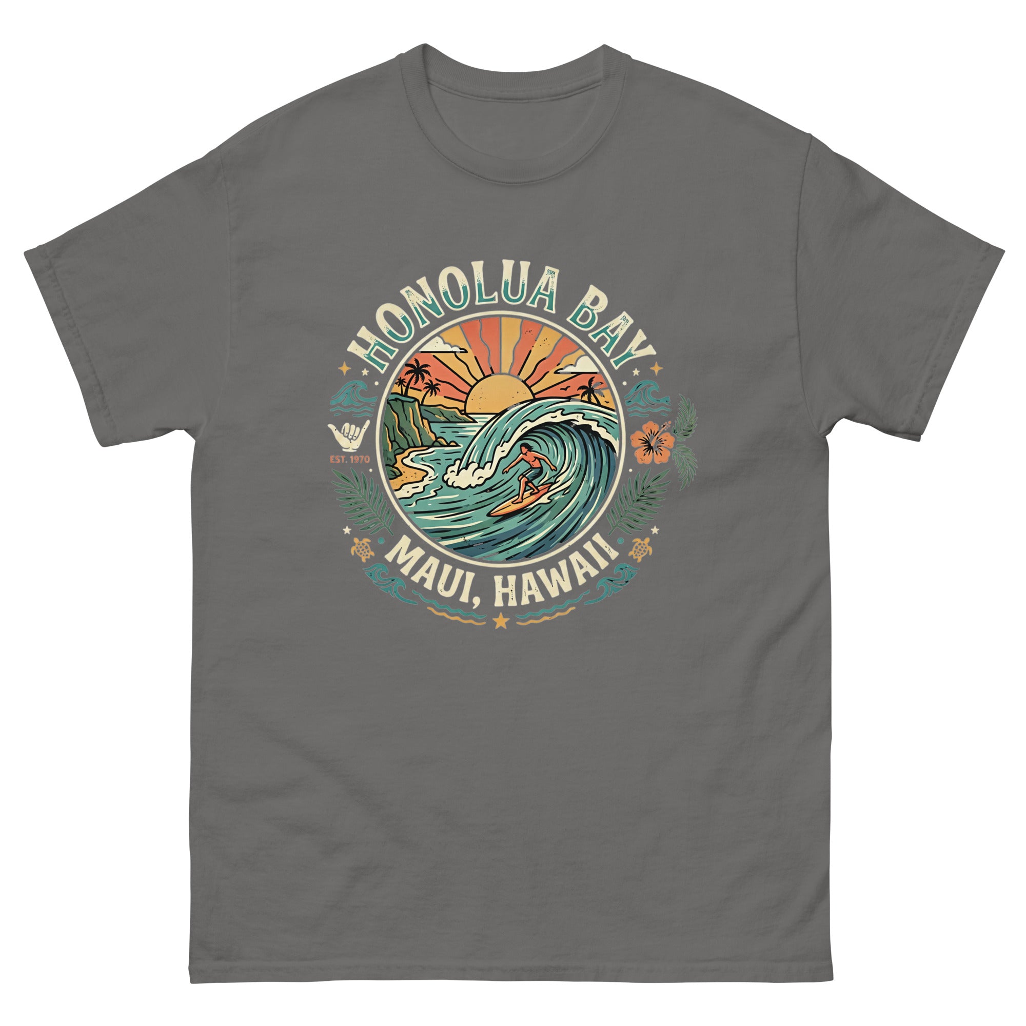 Honolua Bay Maui Hawaii Hawaiian t-shirt design on a Charcoal unisex tee