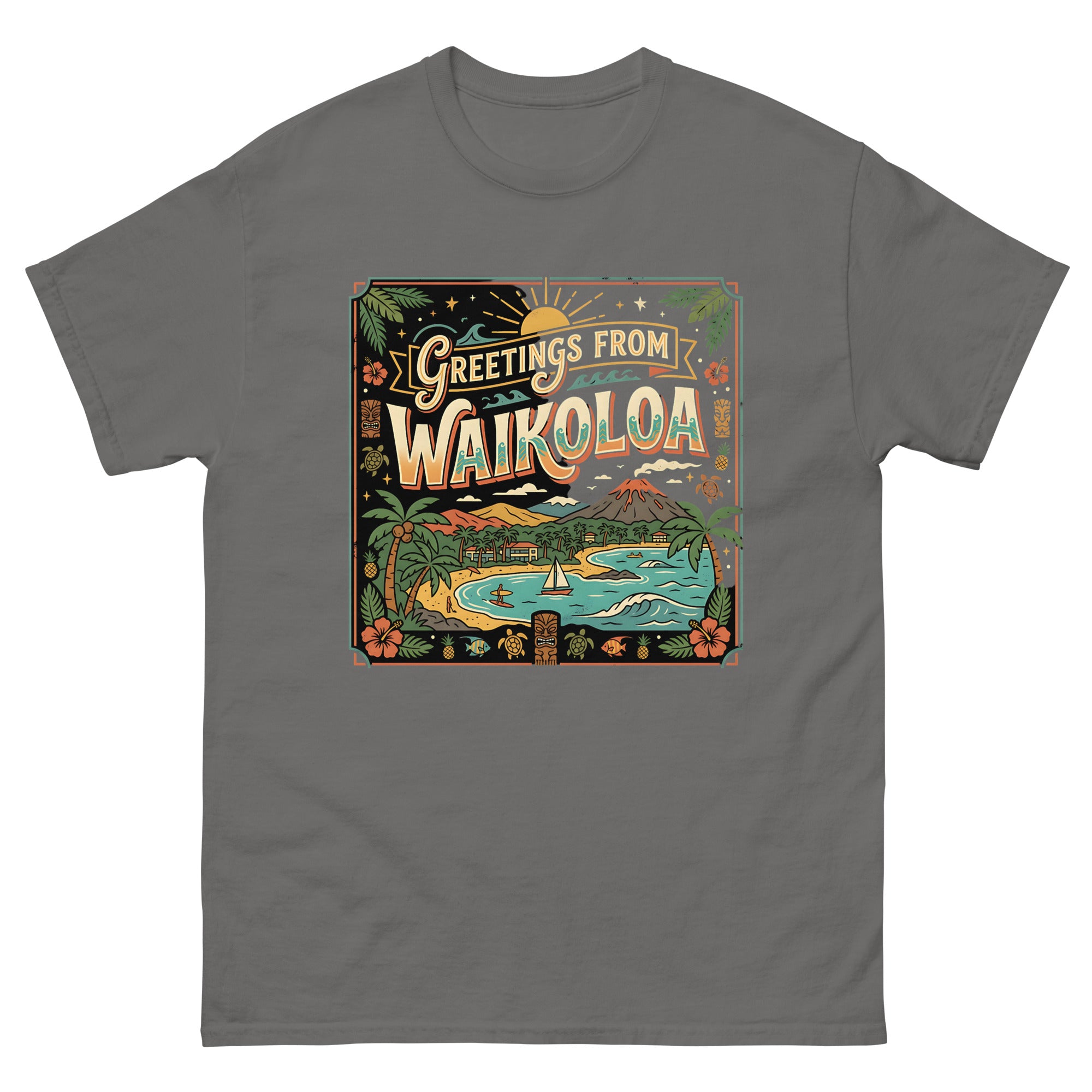 Greetings from Waikoloa Hawaiian t-shirt design on a Charcoal unisex tee