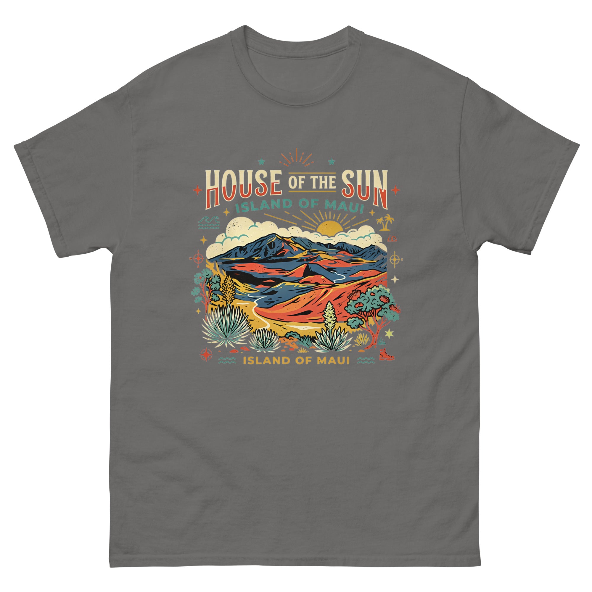 House of the Sun Island of Maui Hawaiian t-shirt design on a Charcoal unisex tee