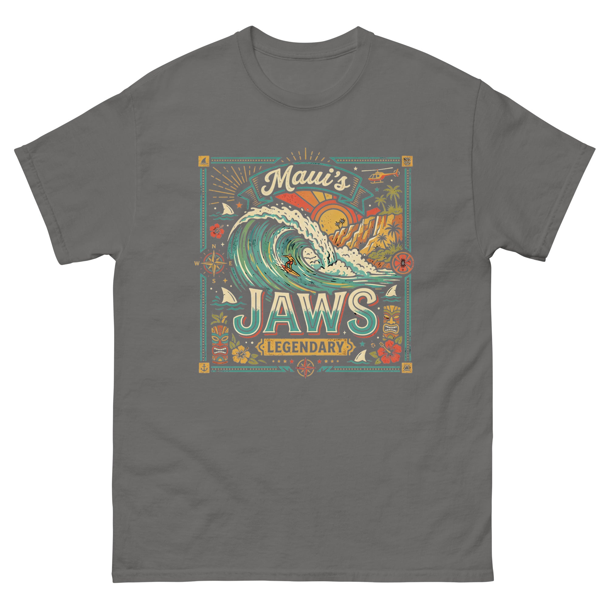 Mauis Jaws Legendary Hawaiian t-shirt design on a Charcoal unisex tee