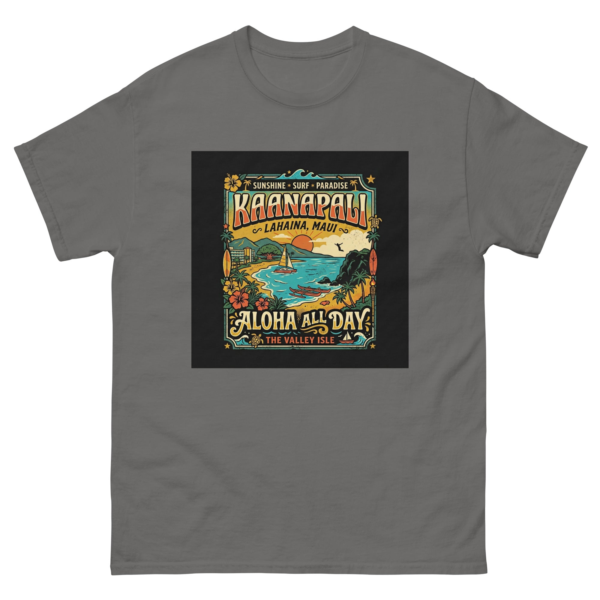 Kaanapali Lahaina Aloha All Day v1 Hawaiian t-shirt design on a Charcoal unisex tee