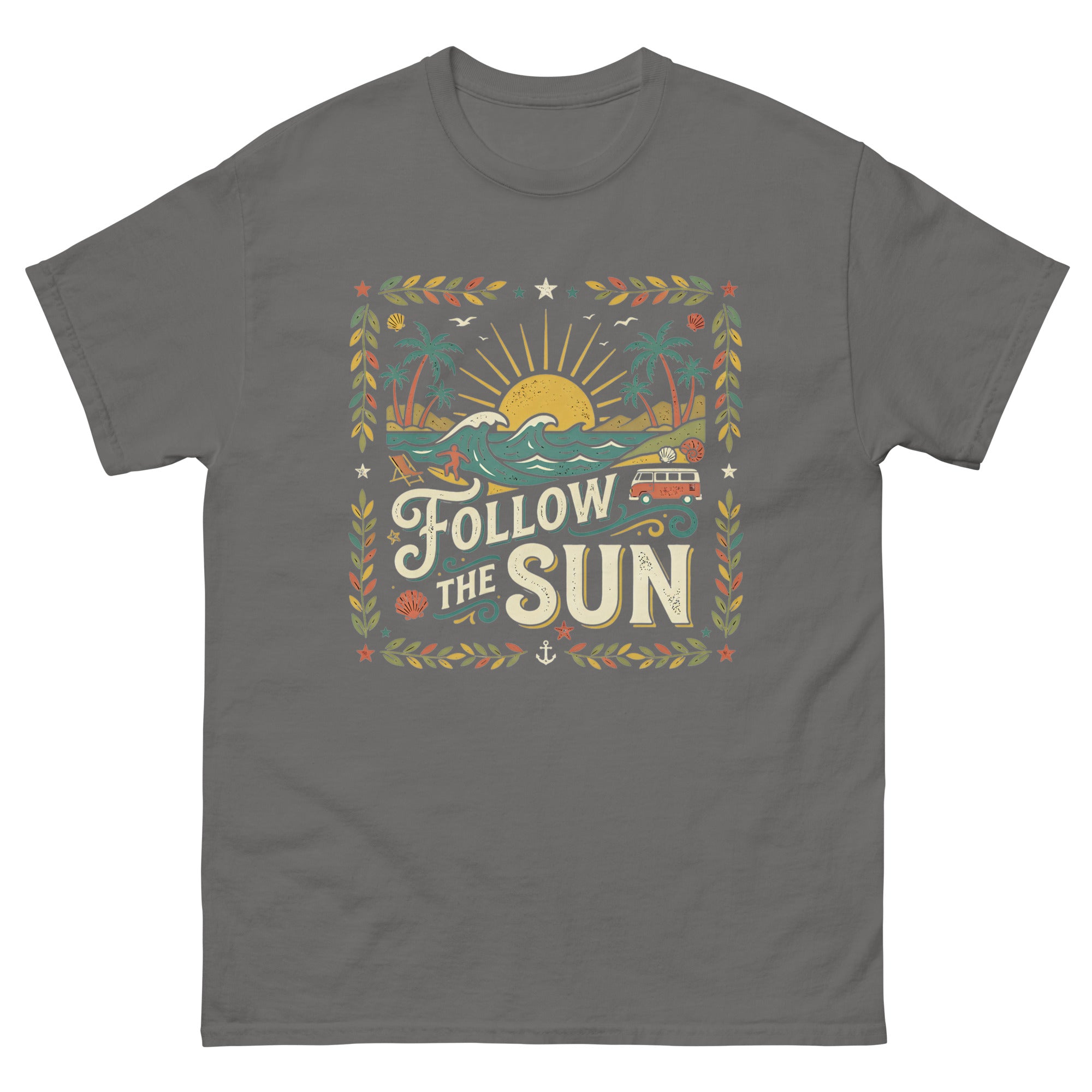 Chasing the Sun v2 Hawaiian t-shirt design on a Charcoal unisex tee