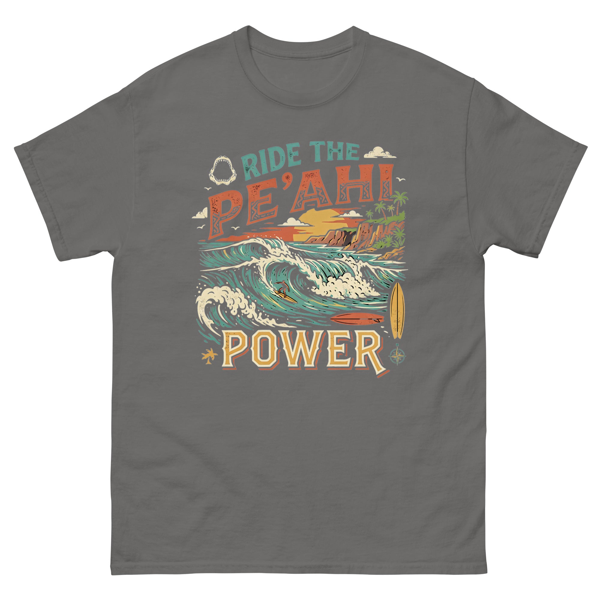 Ride the Peahi Power Hawaiian t-shirt design on a Charcoal unisex tee