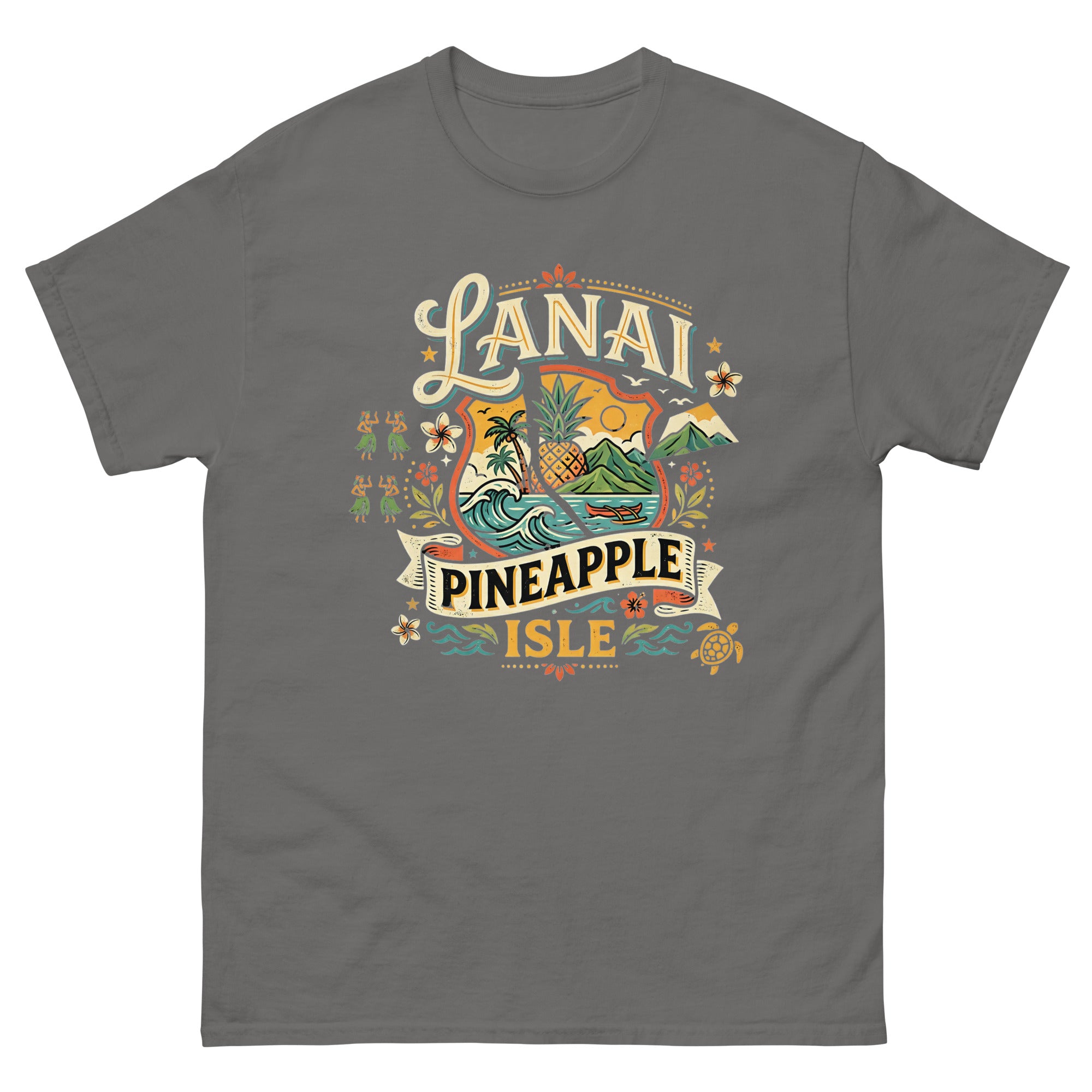 Lanai Pineapple Isle Hawaiian t-shirt design on a Charcoal unisex tee