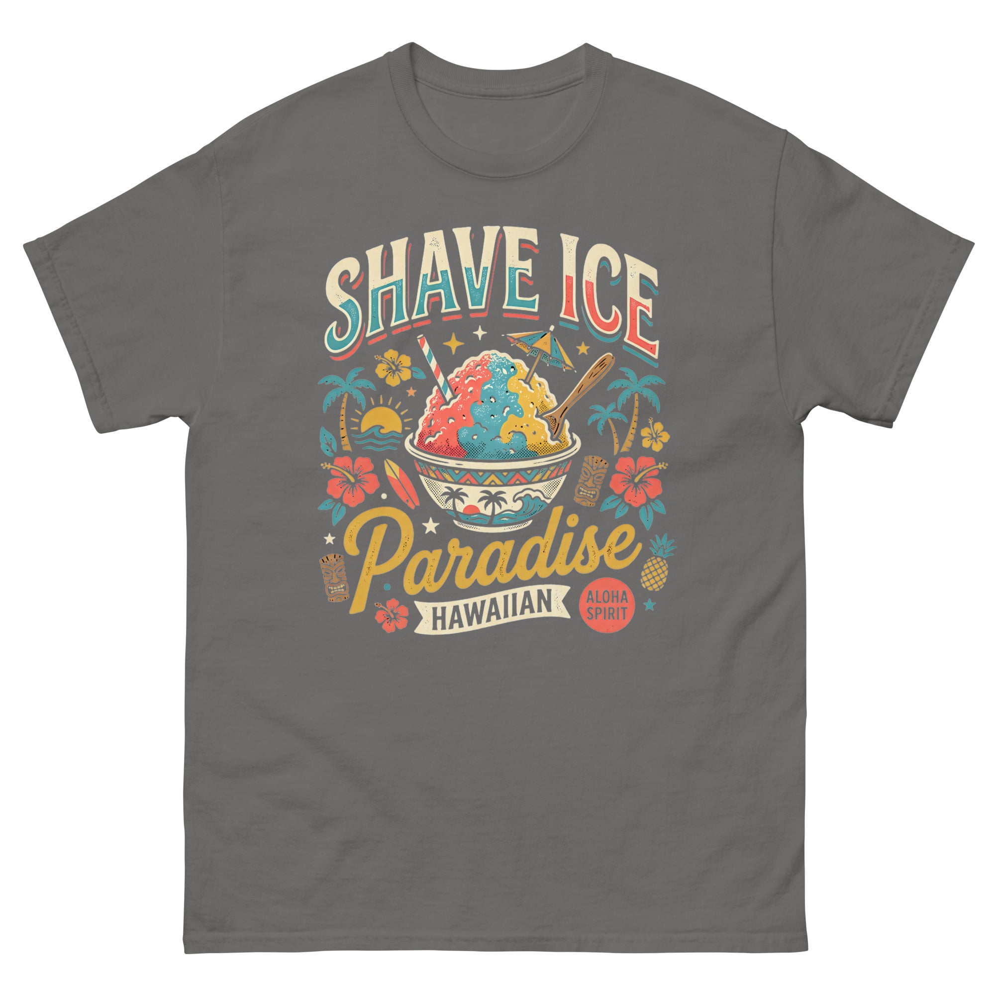Shave Ice Paradise Hawaiian Aloha Spirit Hawaiian t-shirt design on a Charcoal unisex tee