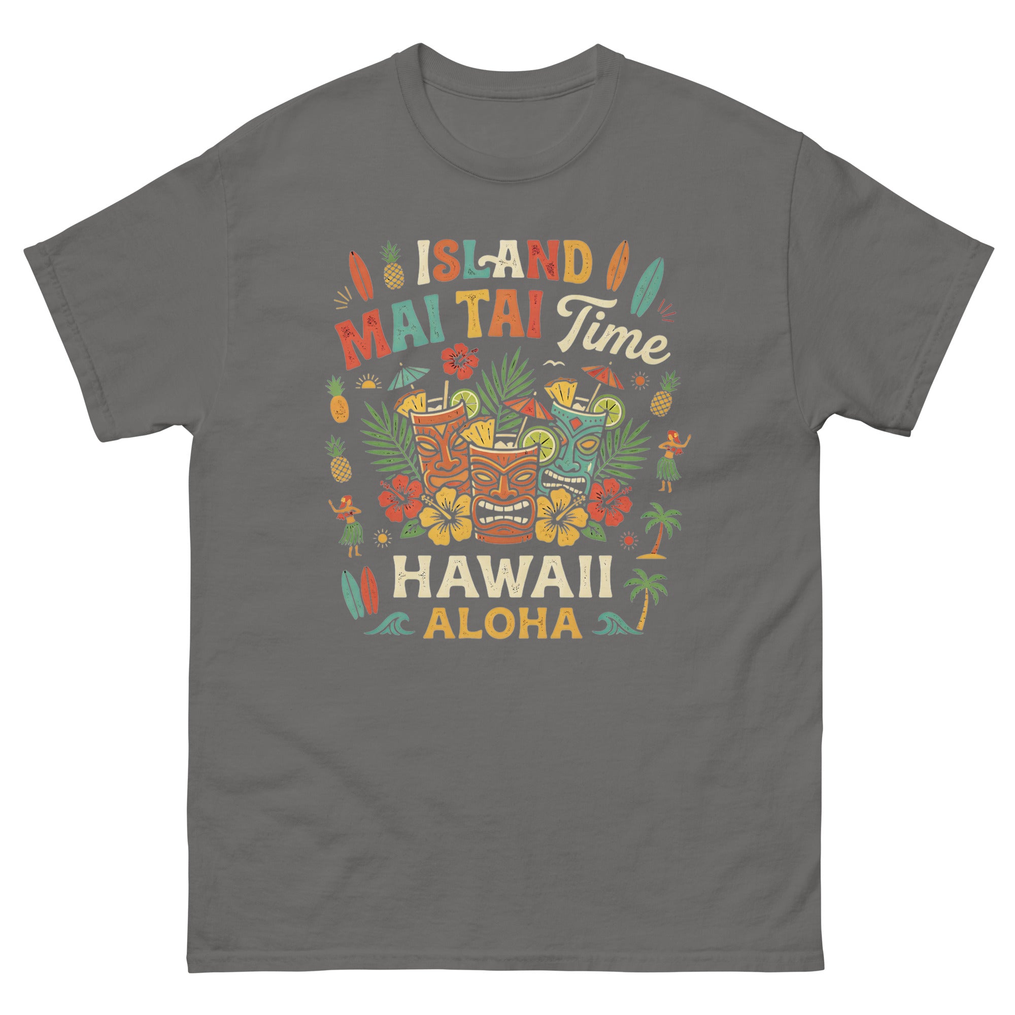 Island Mai Tai Time Hawaii v1 Hawaiian t-shirt design on a Charcoal unisex tee