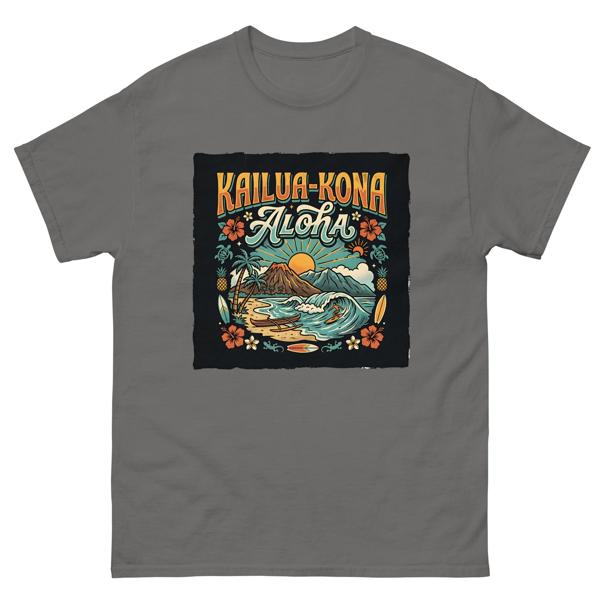 Kailua Kona Aloha Hawaiian t-shirt design on a Charcoal unisex tee