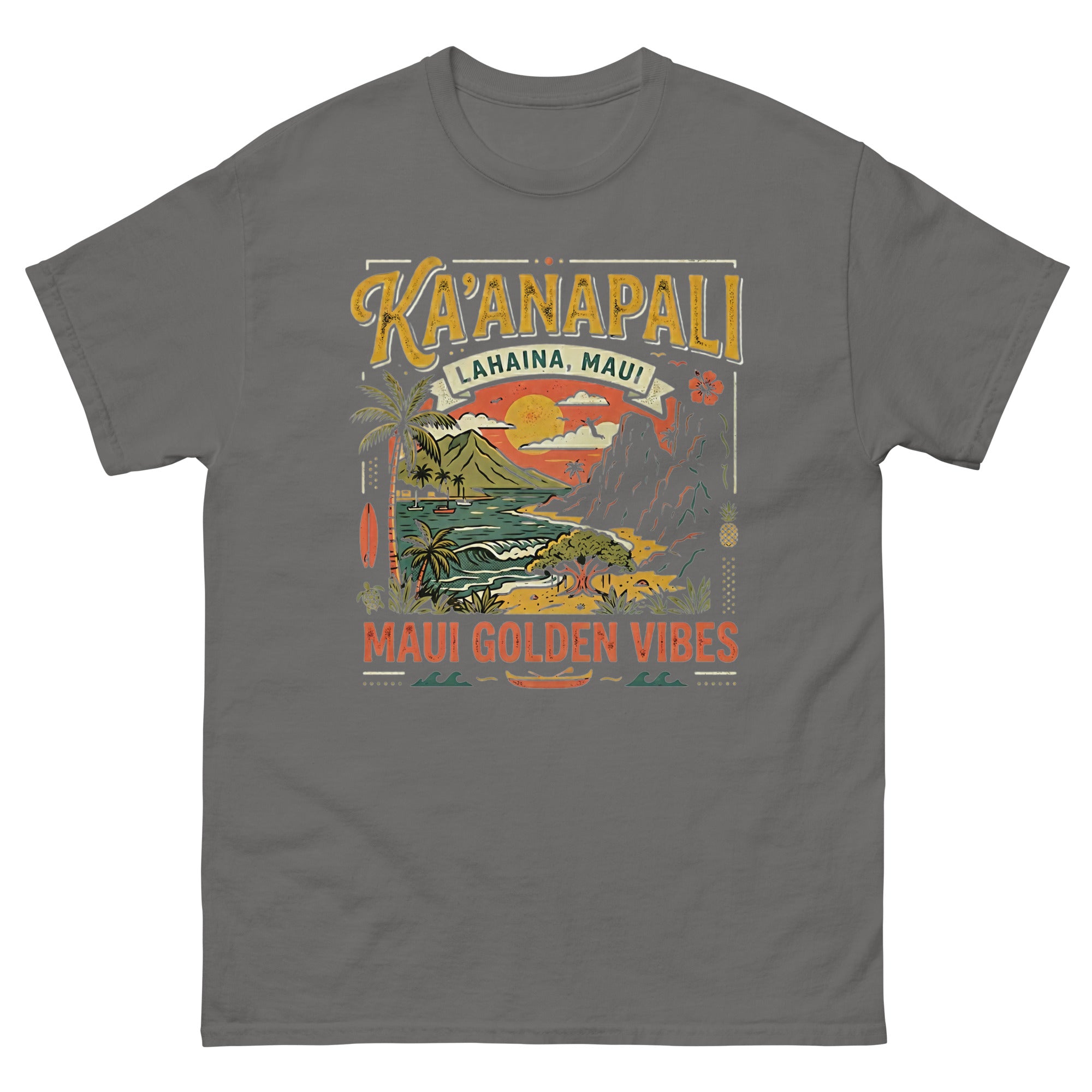 Kaanapali Lahaina Maui Golden Vibes v1 Hawaiian t-shirt design on a Charcoal unisex tee