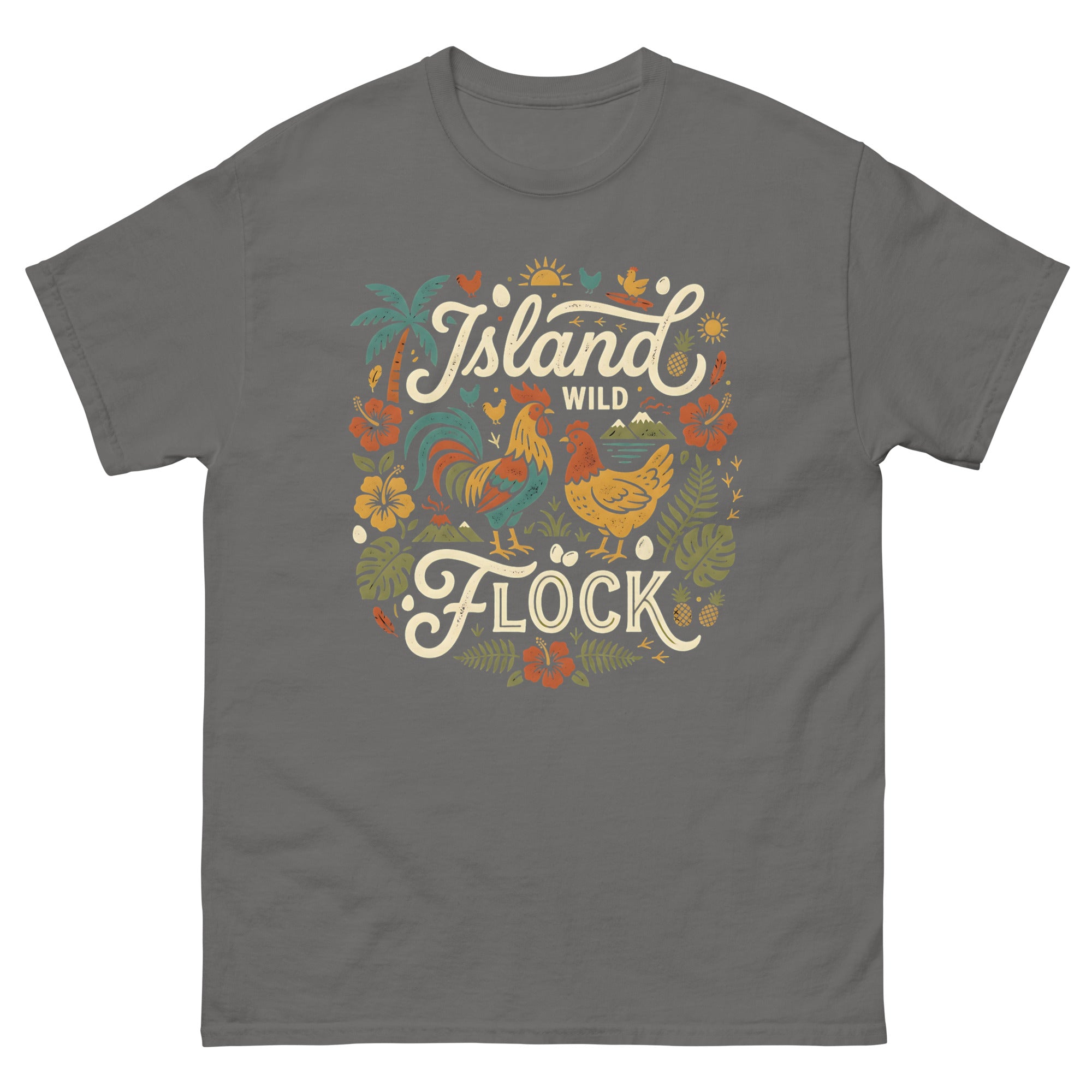 Island Wild Flock Hawaiian t-shirt design on a Charcoal unisex tee