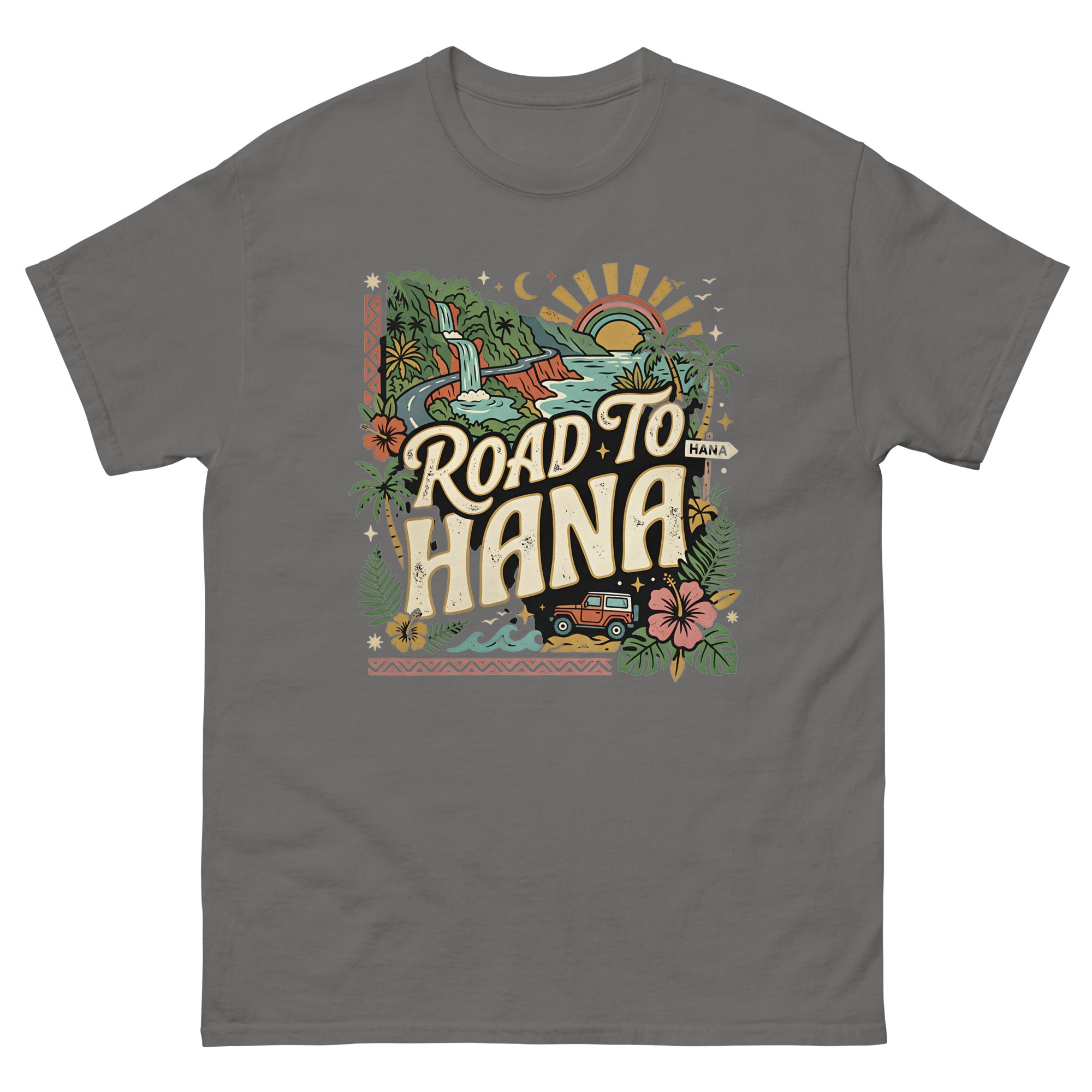 Road to Hana Jeep Hawaiian t-shirt design on a Charcoal unisex tee