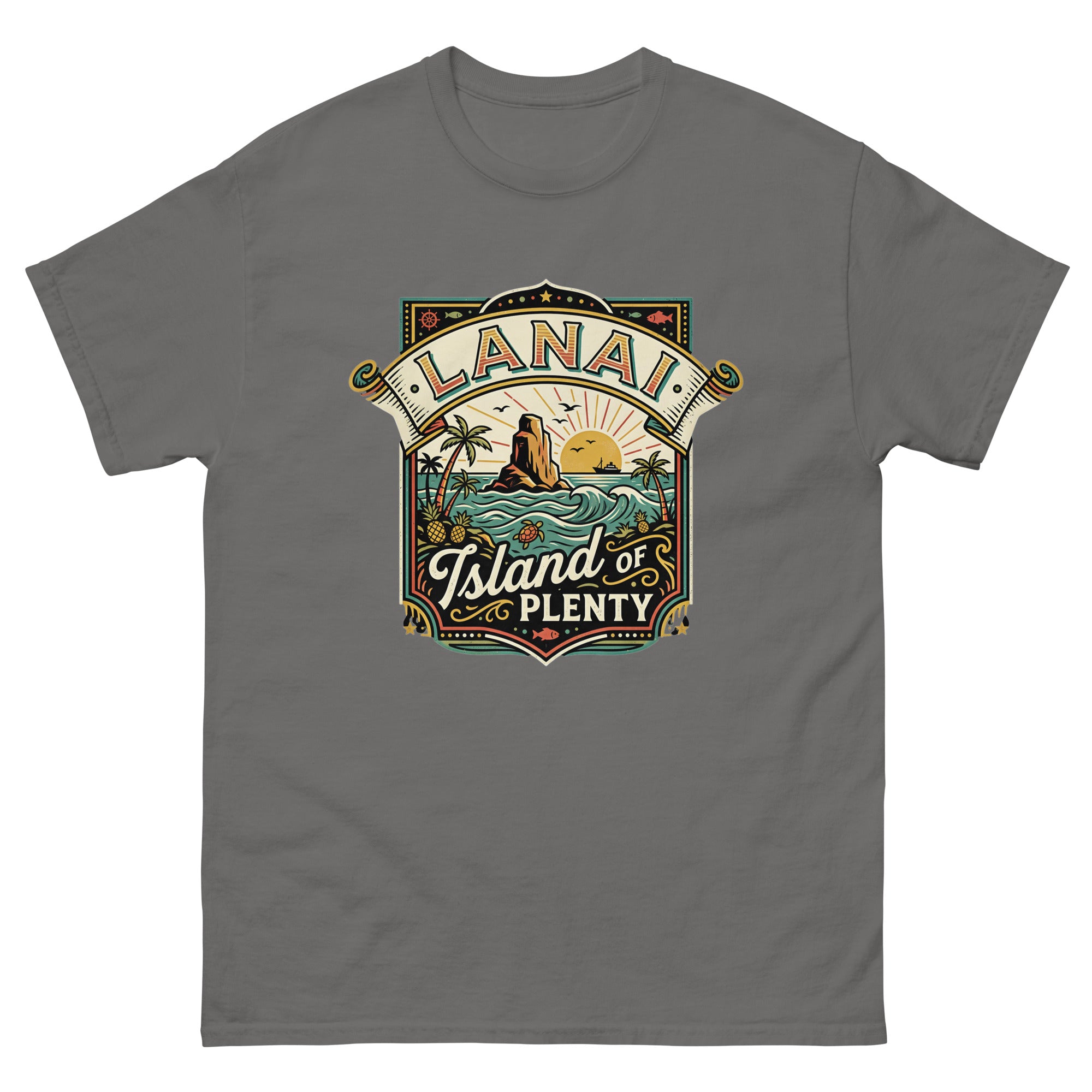 Lanai Island of Plenty Hawaiian t-shirt design on a Charcoal unisex tee