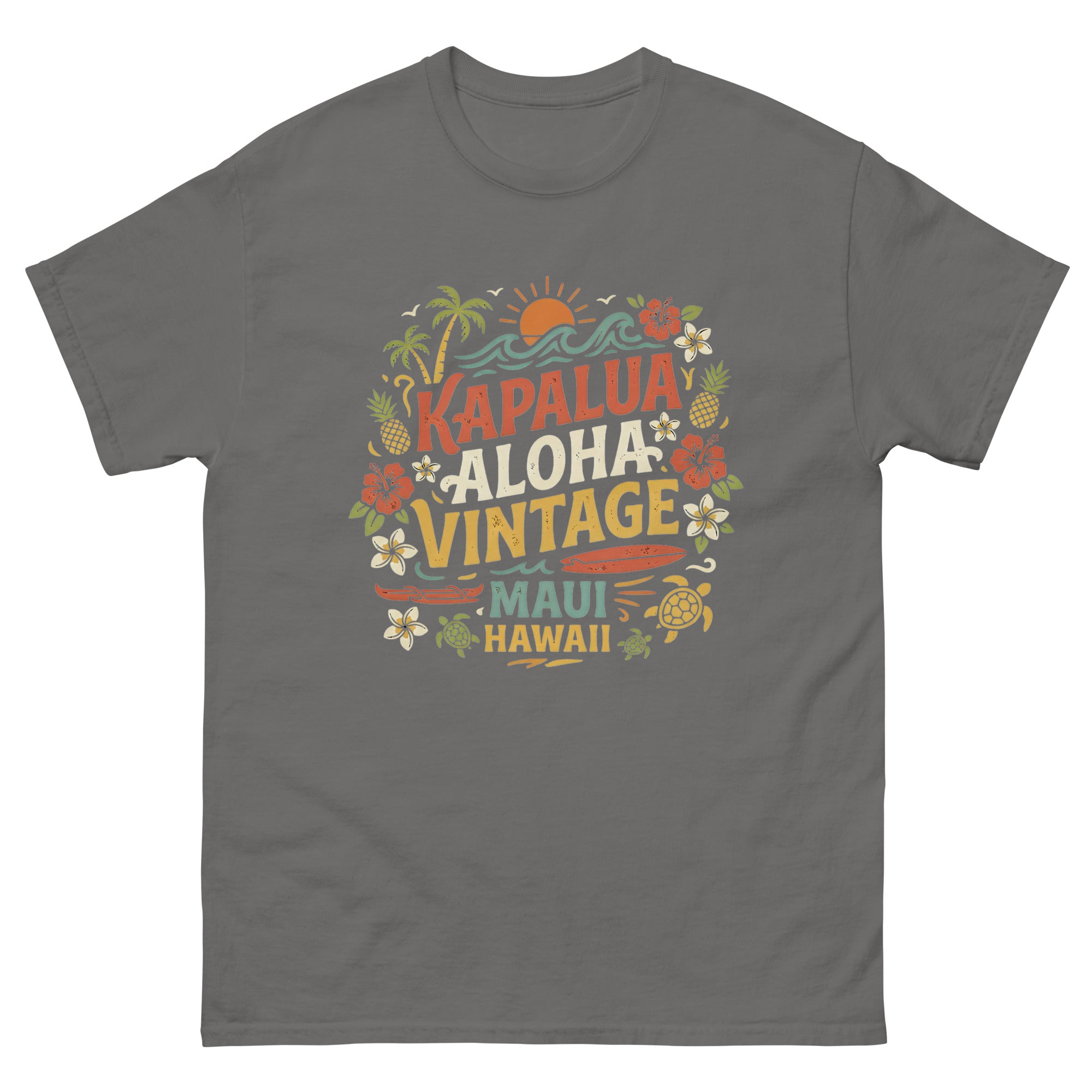 Kapalua Aloha Vintage Maui Hawaiian t-shirt design on a Charcoal unisex tee