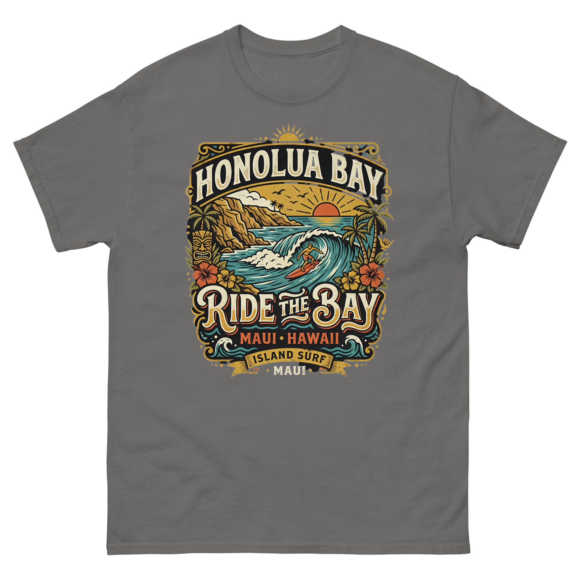 Honolua Bay Ride the Bay Hawaiian t-shirt design on a Charcoal unisex tee