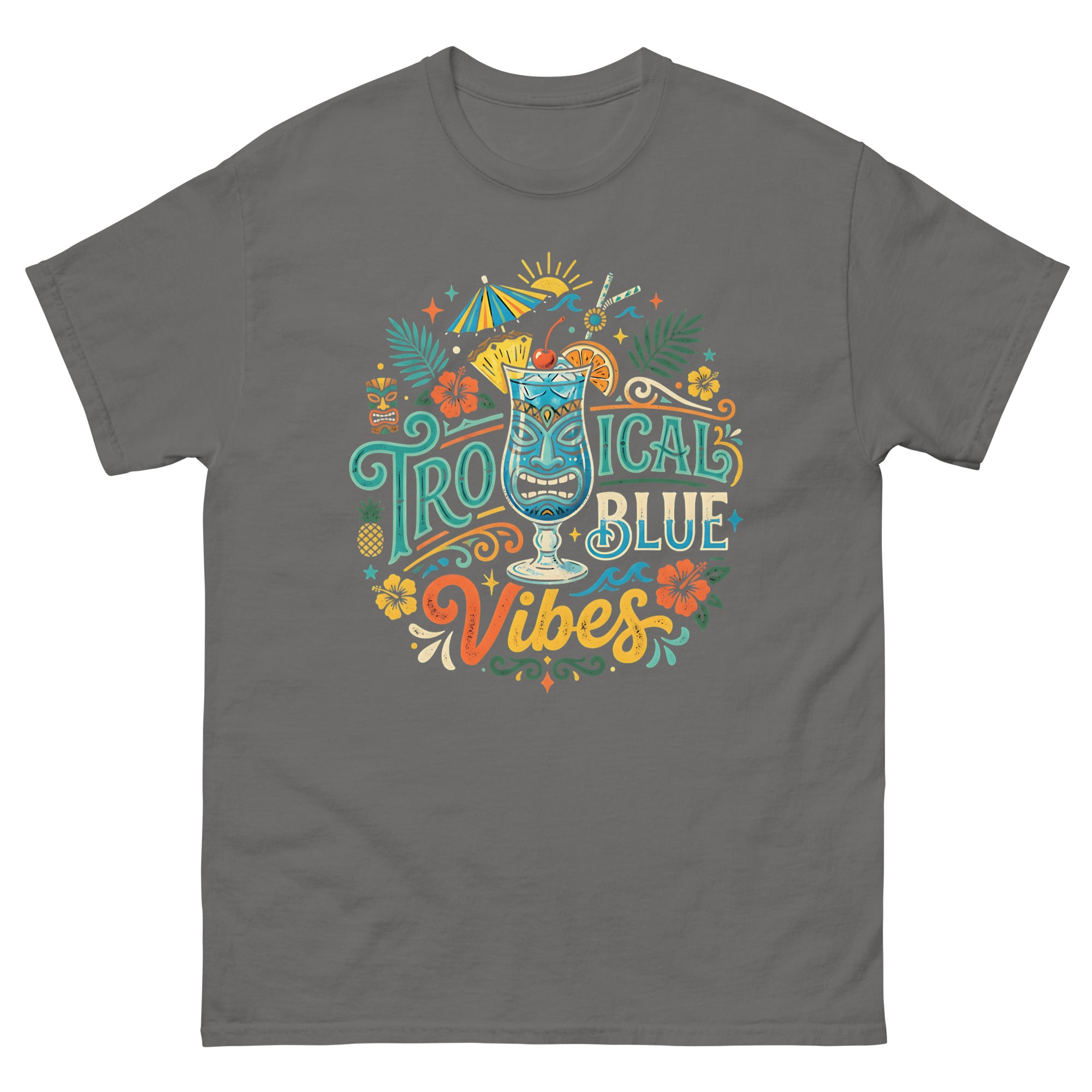 Blue Hawaii Island Paradise v4 Hawaiian t-shirt design on a Charcoal unisex tee