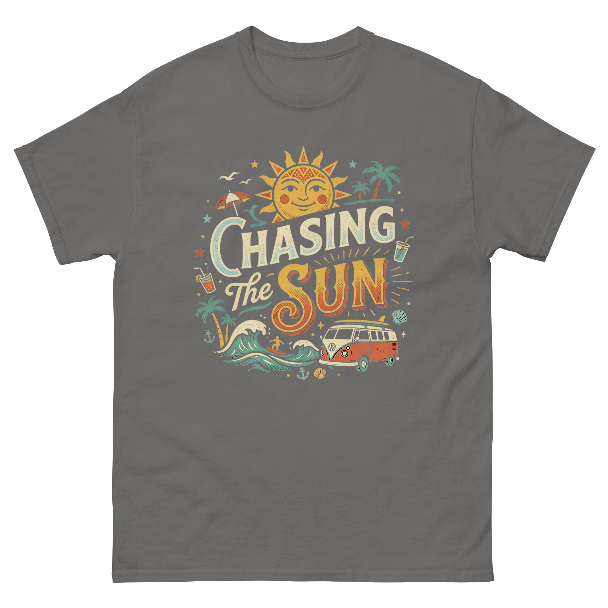 Chasing the Sun v1 Hawaiian t-shirt design on a Charcoal unisex tee