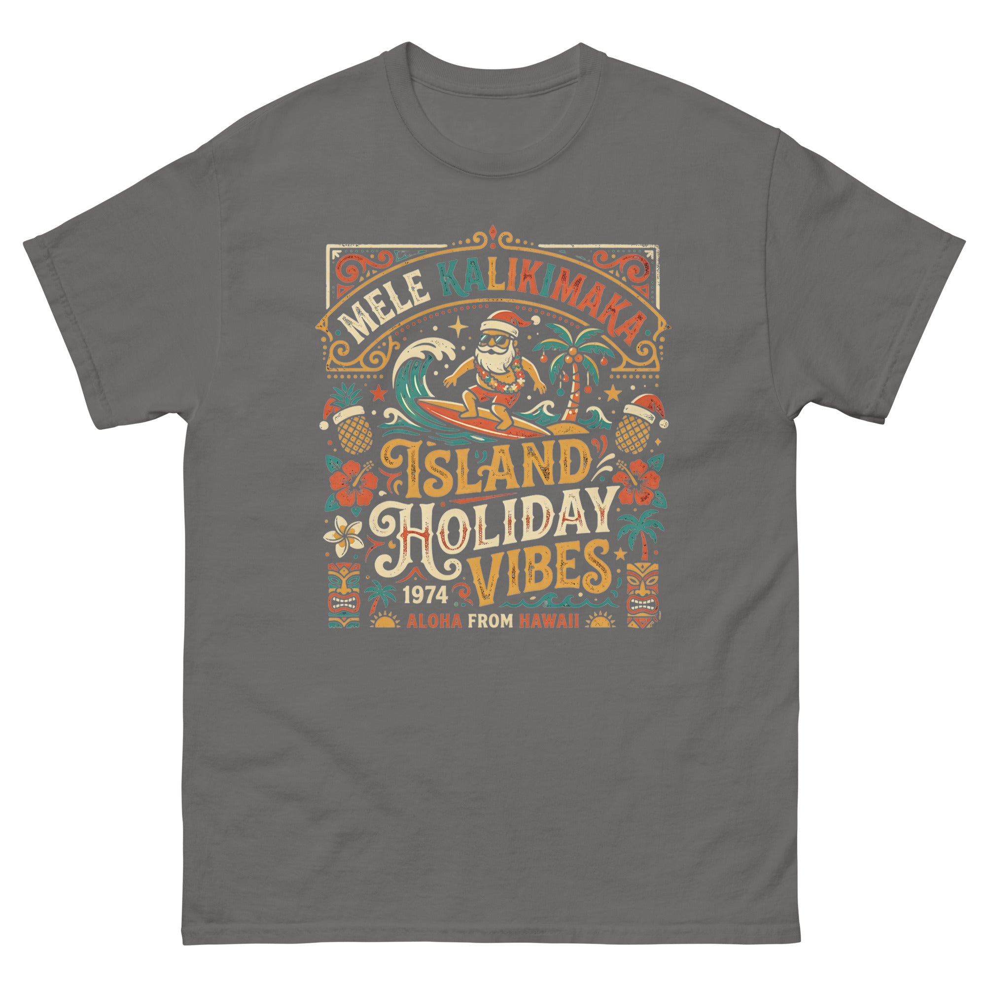 Mele Kalikimaka Island Holiday Vibes Hawaiian t-shirt design on a Charcoal unisex tee