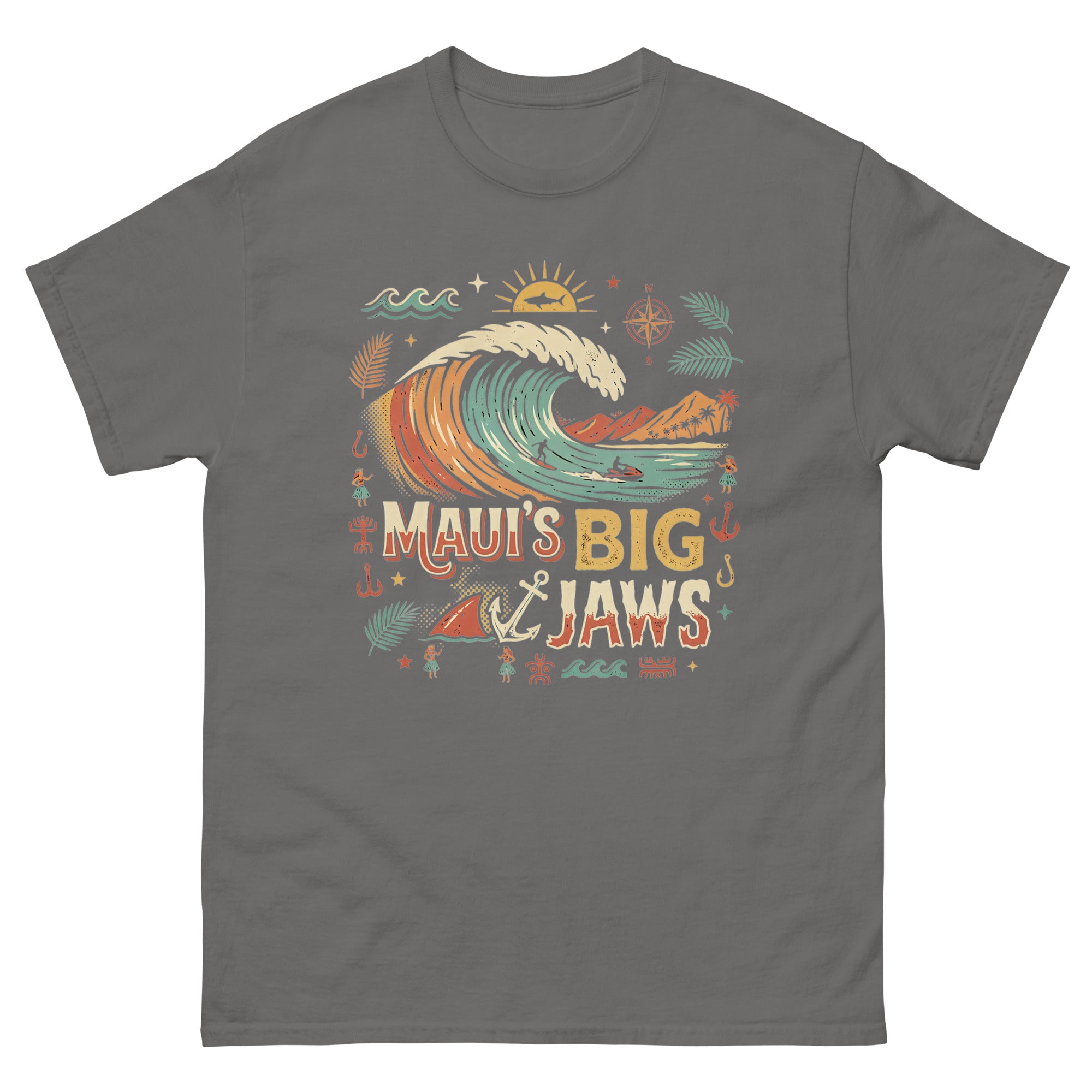 Mauis Big Jaws Hawaiian t-shirt design on a Charcoal unisex tee