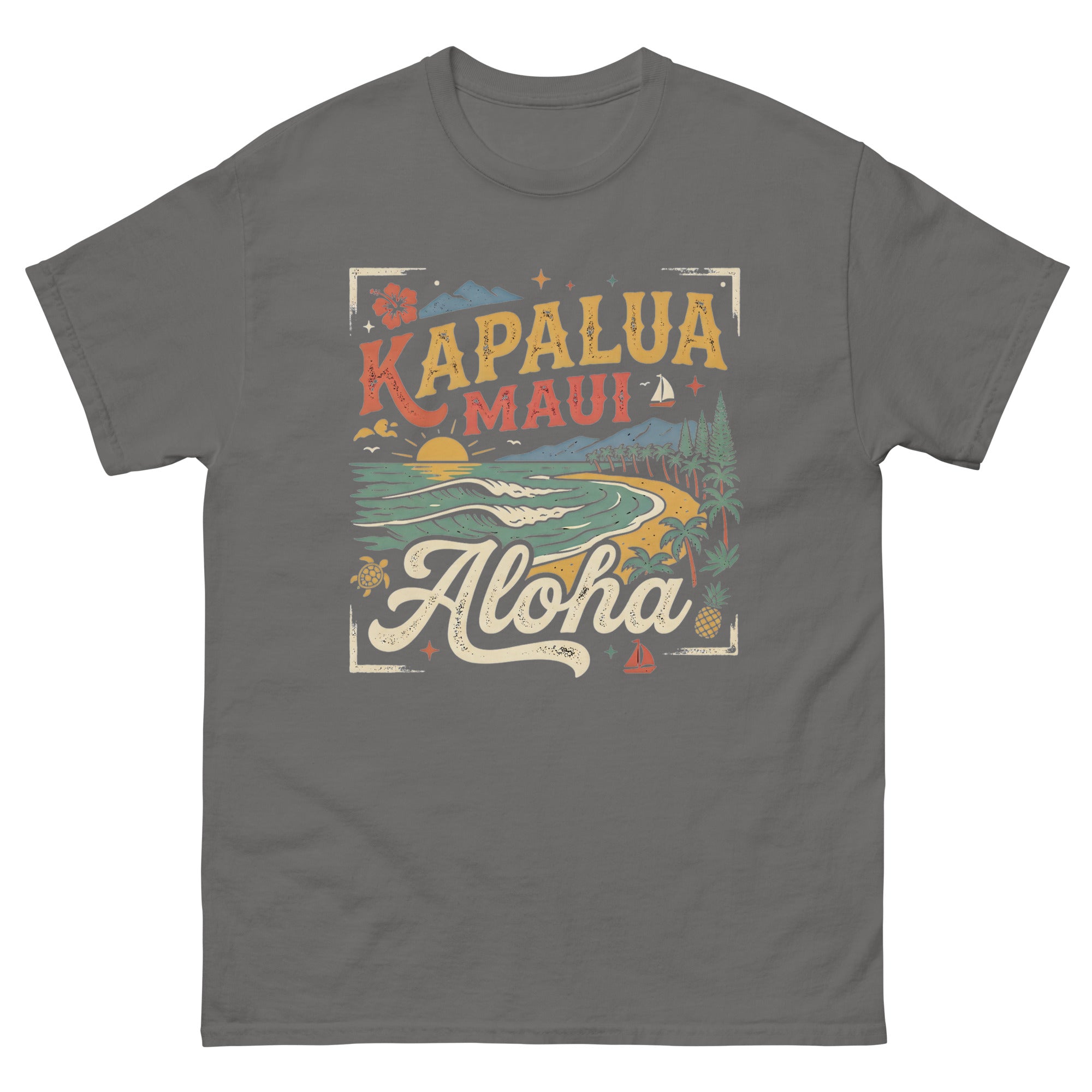 Kapalua Maui Aloha Hawaiian t-shirt design on a Charcoal unisex tee