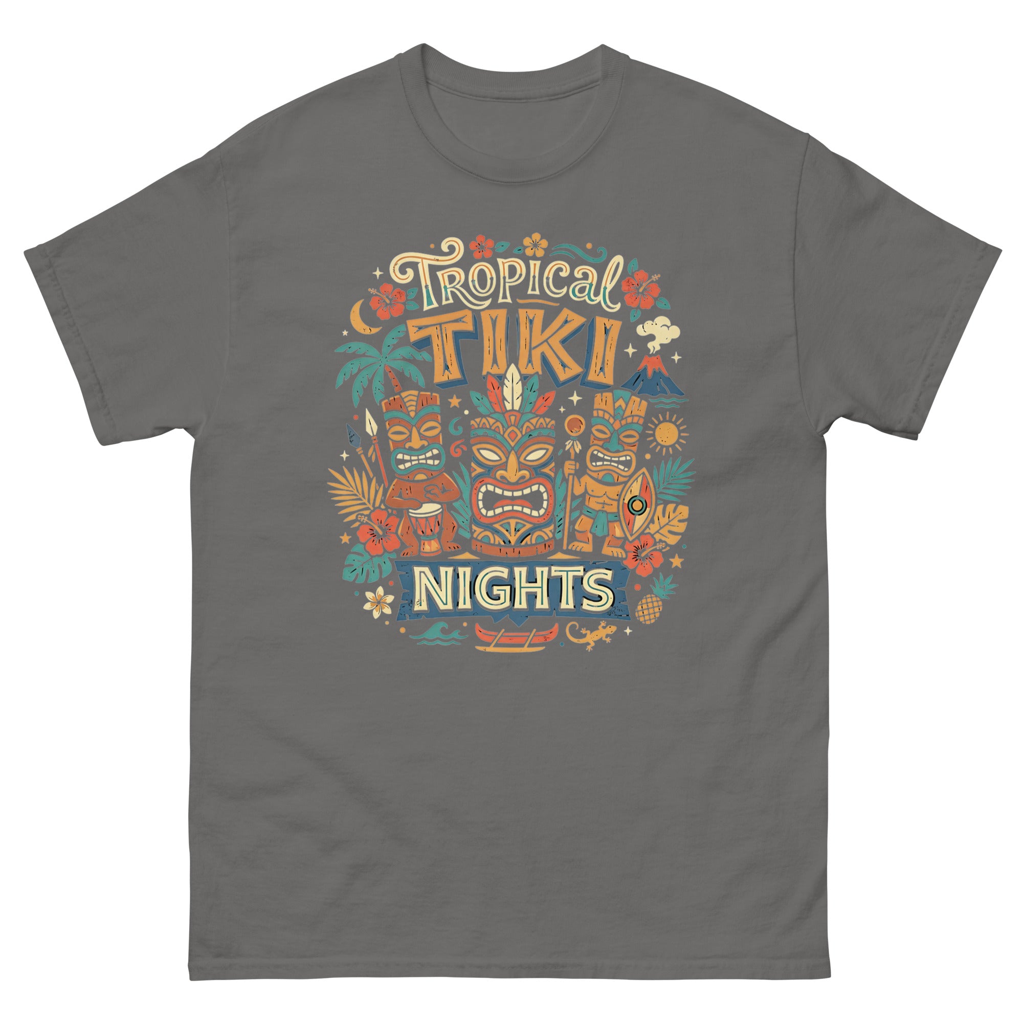 Tropical Tiki Nights v1 Hawaiian t-shirt design on a Charcoal unisex tee