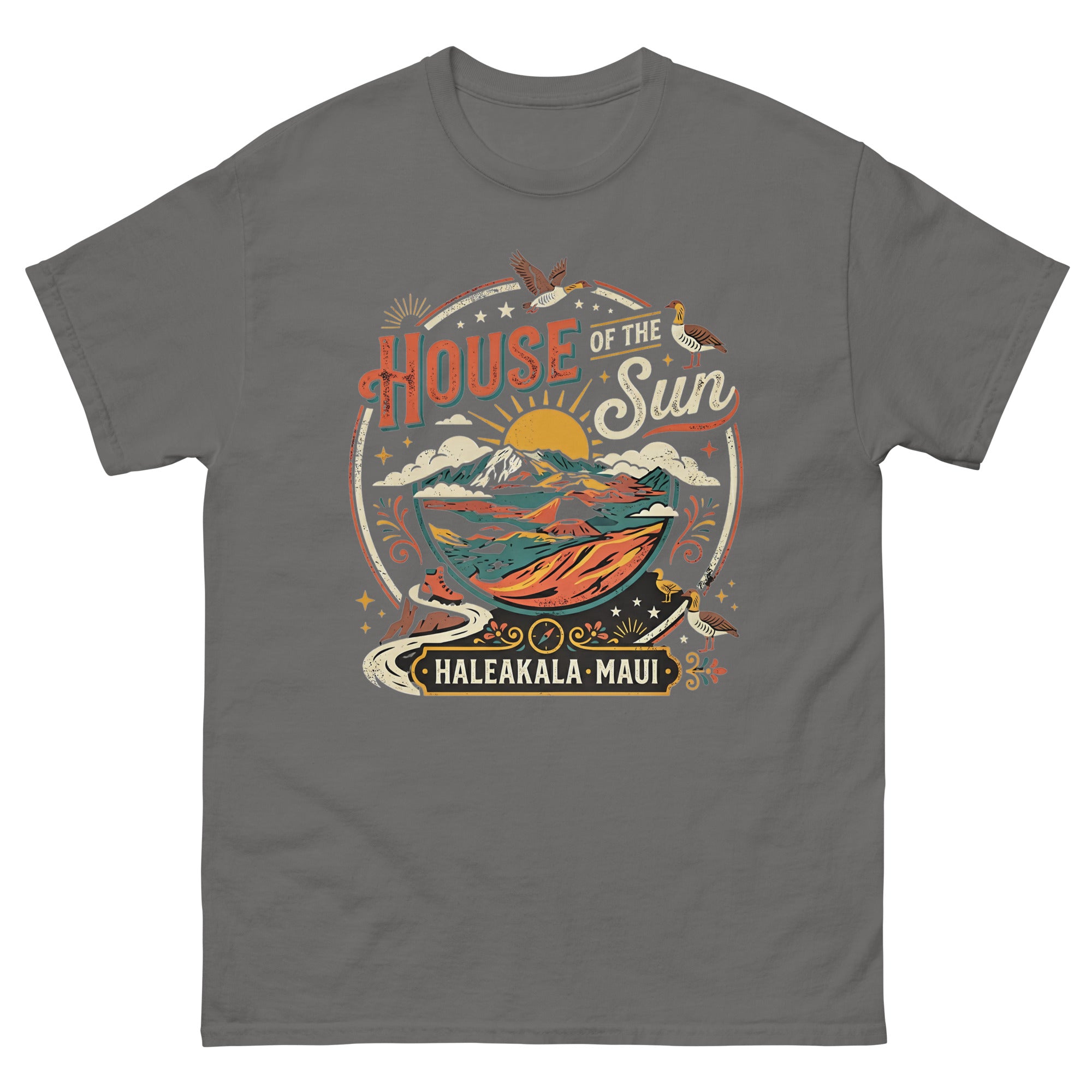 House of the Sun Haleakala Maui Hawaiian t-shirt design on a Charcoal unisex tee