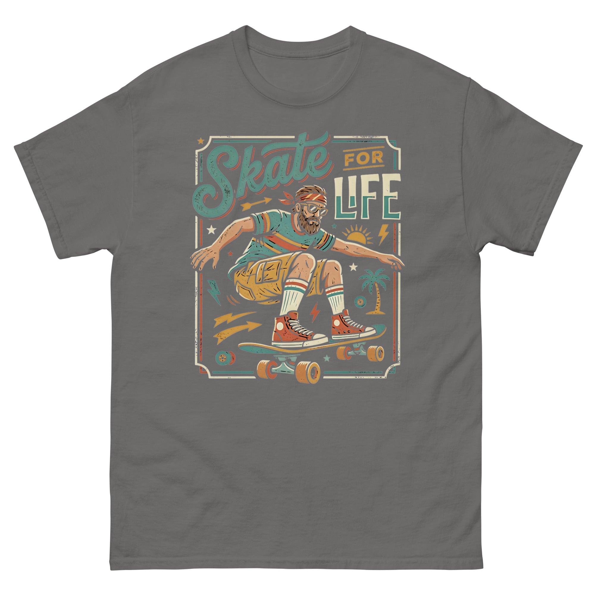 Skate for Life Hawaiian t-shirt design on a Charcoal unisex tee