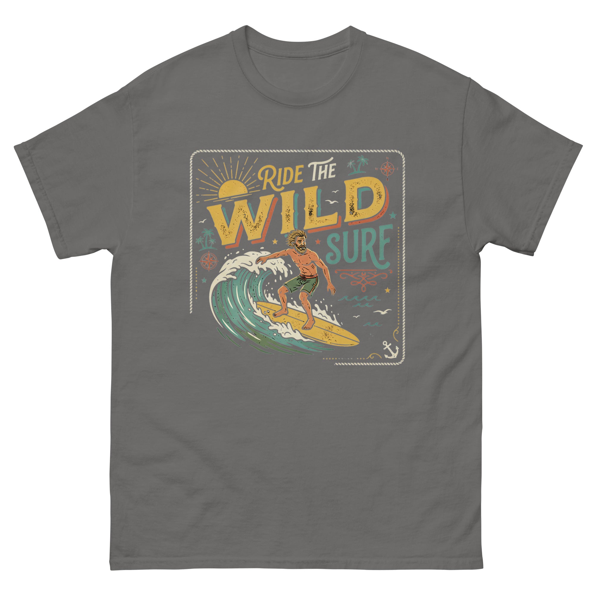 Ride the Wild Surf Hawaiian t-shirt design on a Charcoal unisex tee