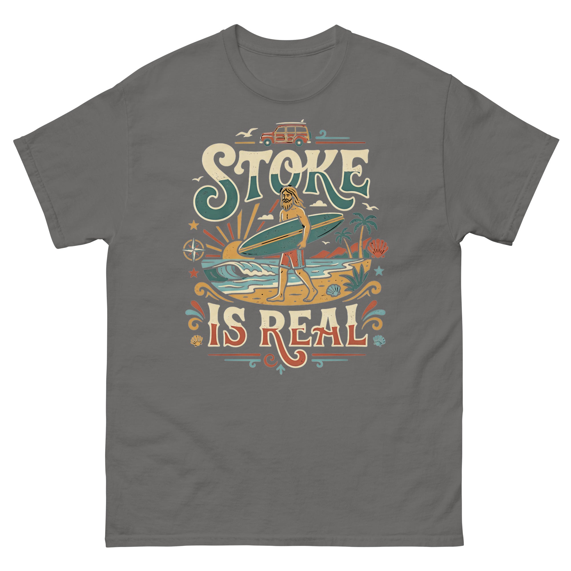 Stoke Is Real v3 Hawaiian t-shirt design on a Charcoal unisex tee