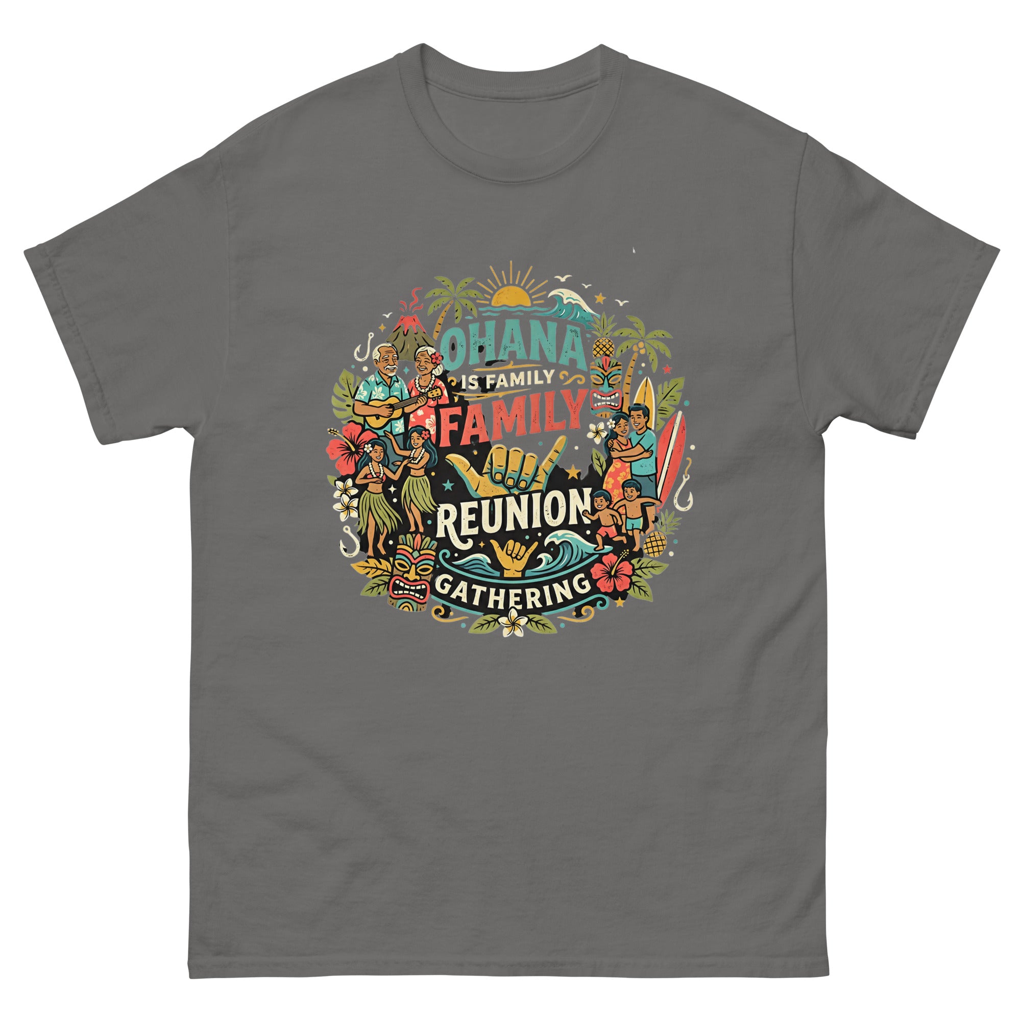 Ohana Family Reunion Hawaiian t-shirt design on a Charcoal unisex tee