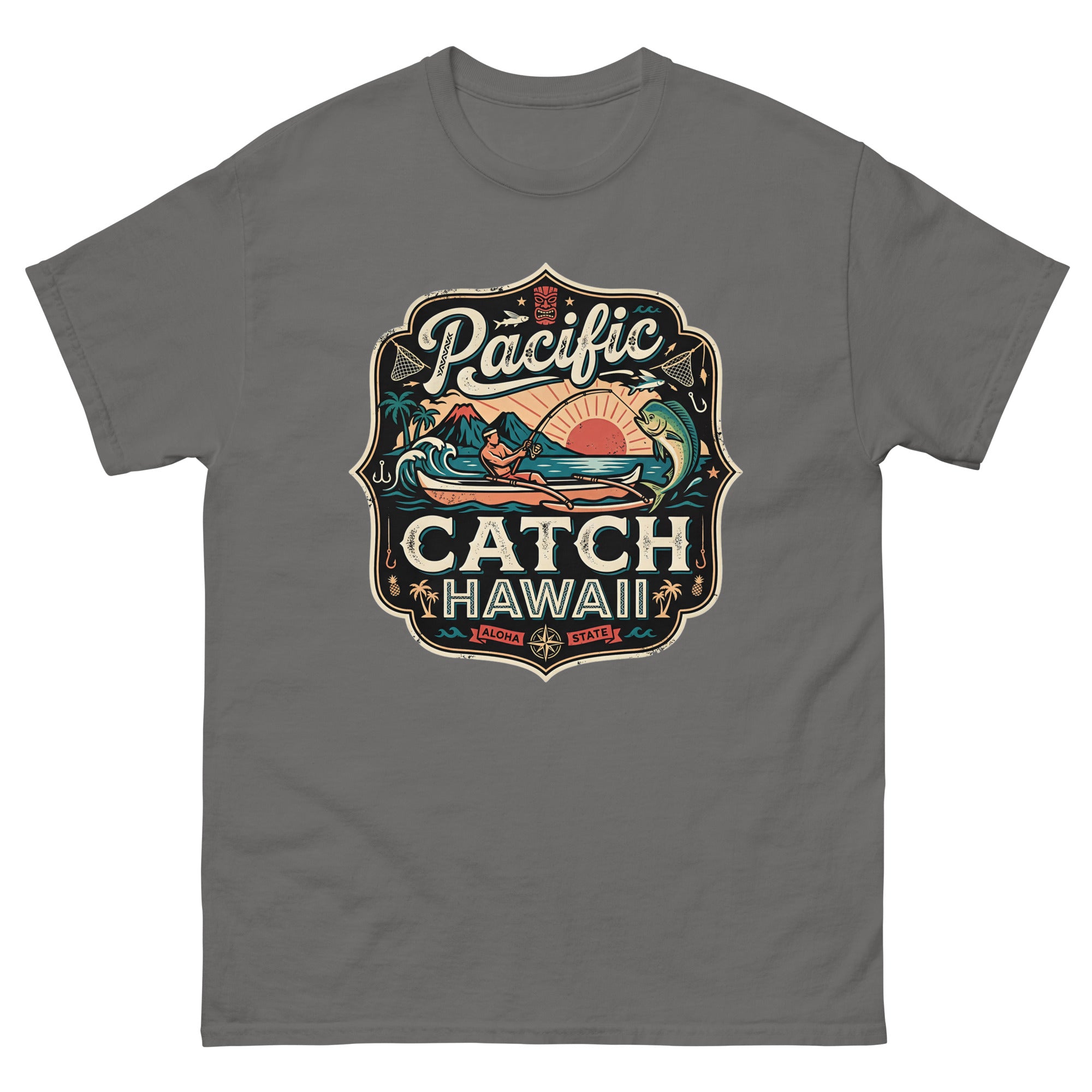 Pacific Catch Hawaii Hawaiian t-shirt design on a Charcoal unisex tee