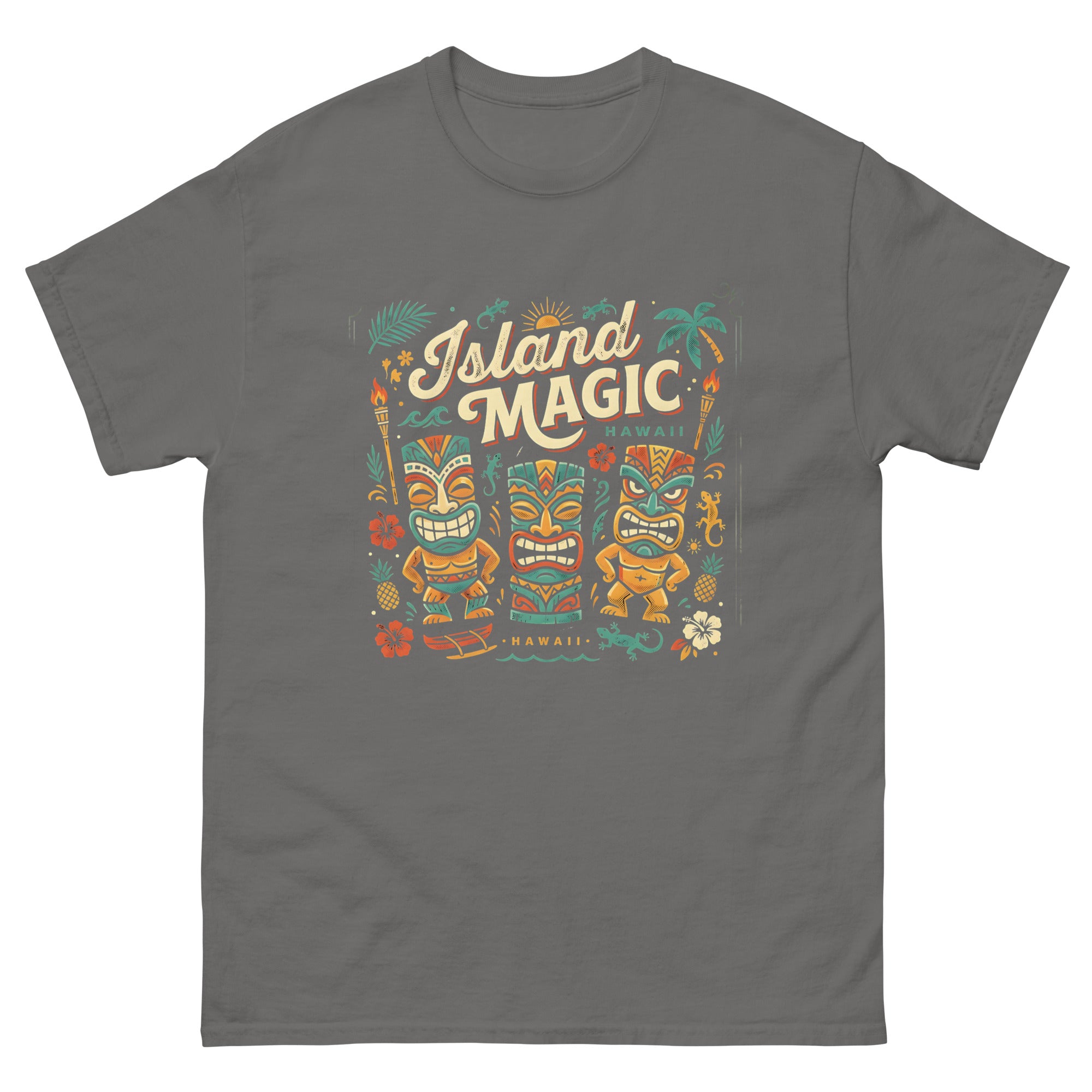 Tropical Tiki Nights v3 Hawaiian t-shirt design on a Charcoal unisex tee