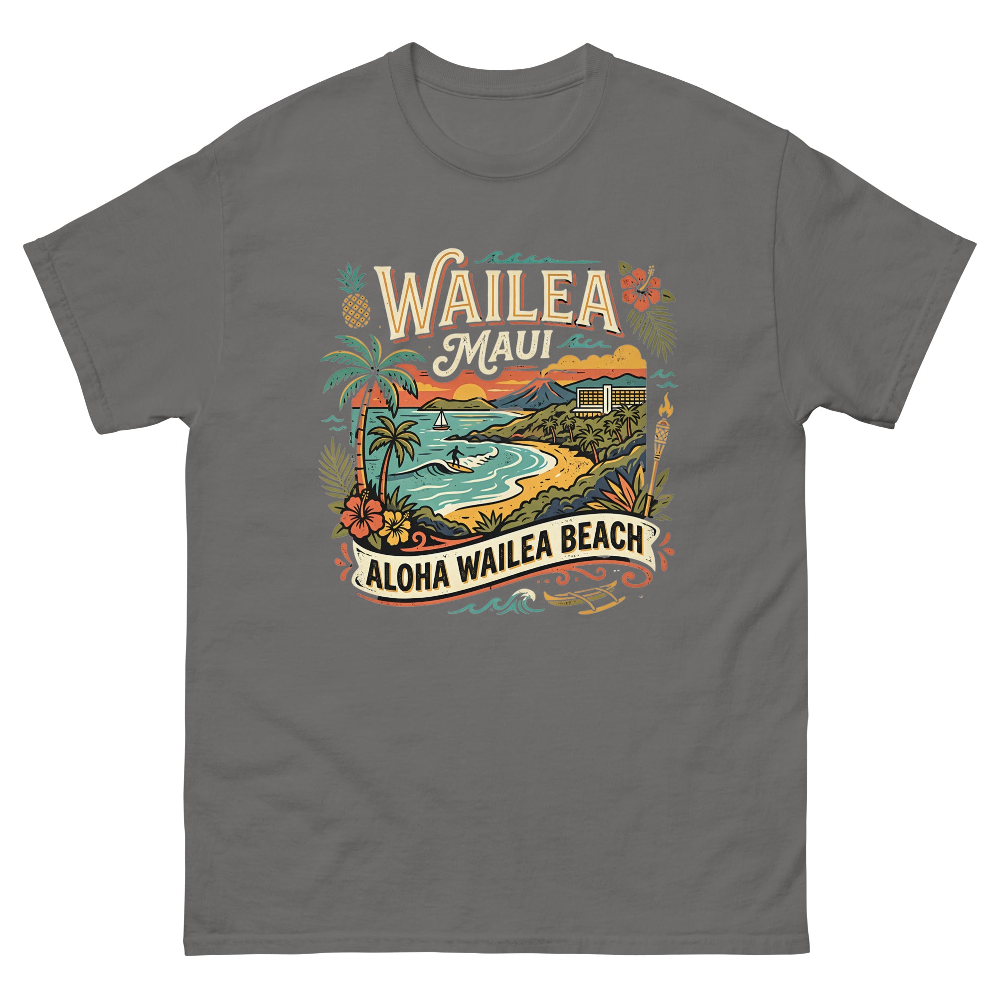 Wailea Maui Aloha Beach Hawaiian t-shirt design on a Charcoal unisex tee