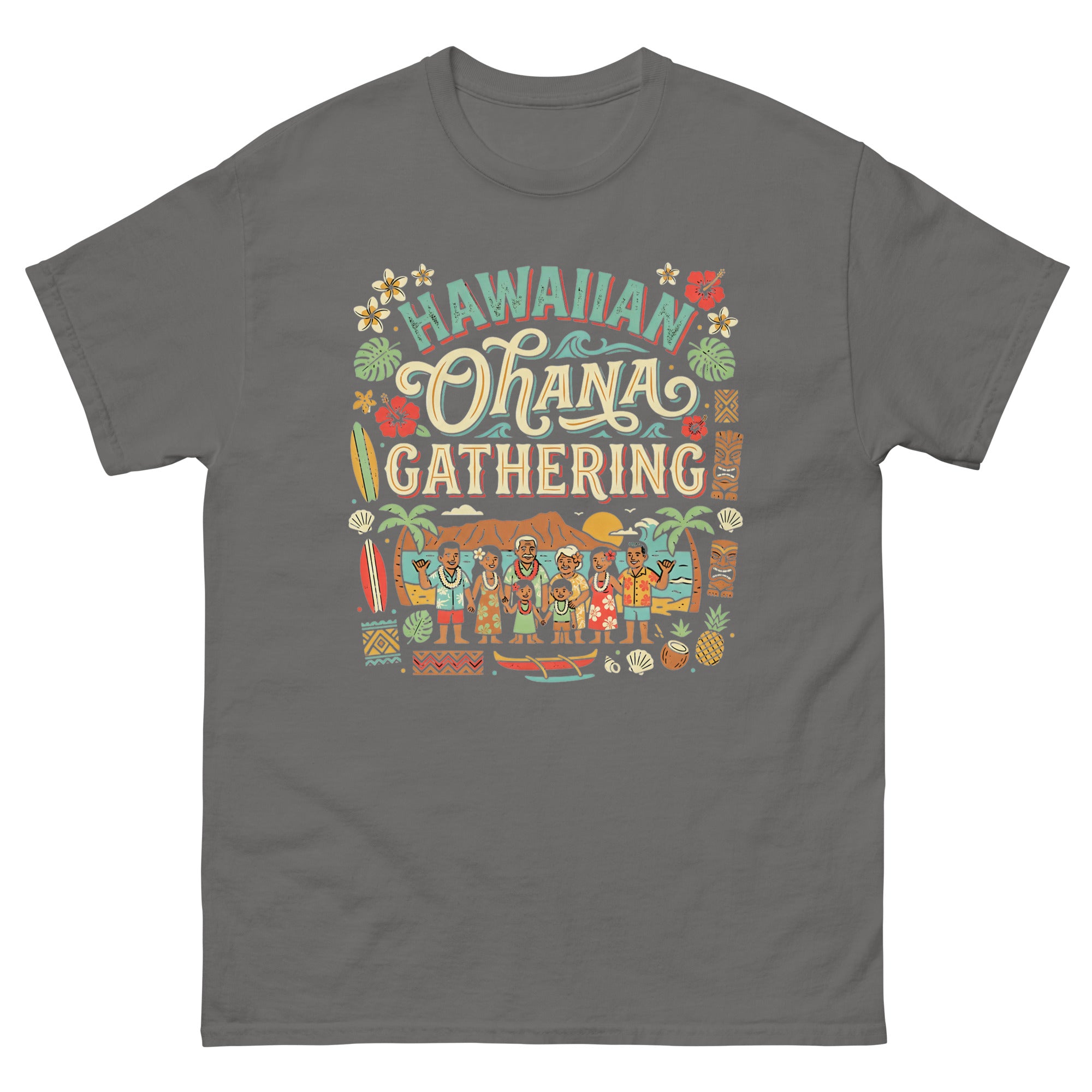 Ohana Family Reunion Gathering v3 Hawaiian t-shirt design on a Charcoal unisex tee