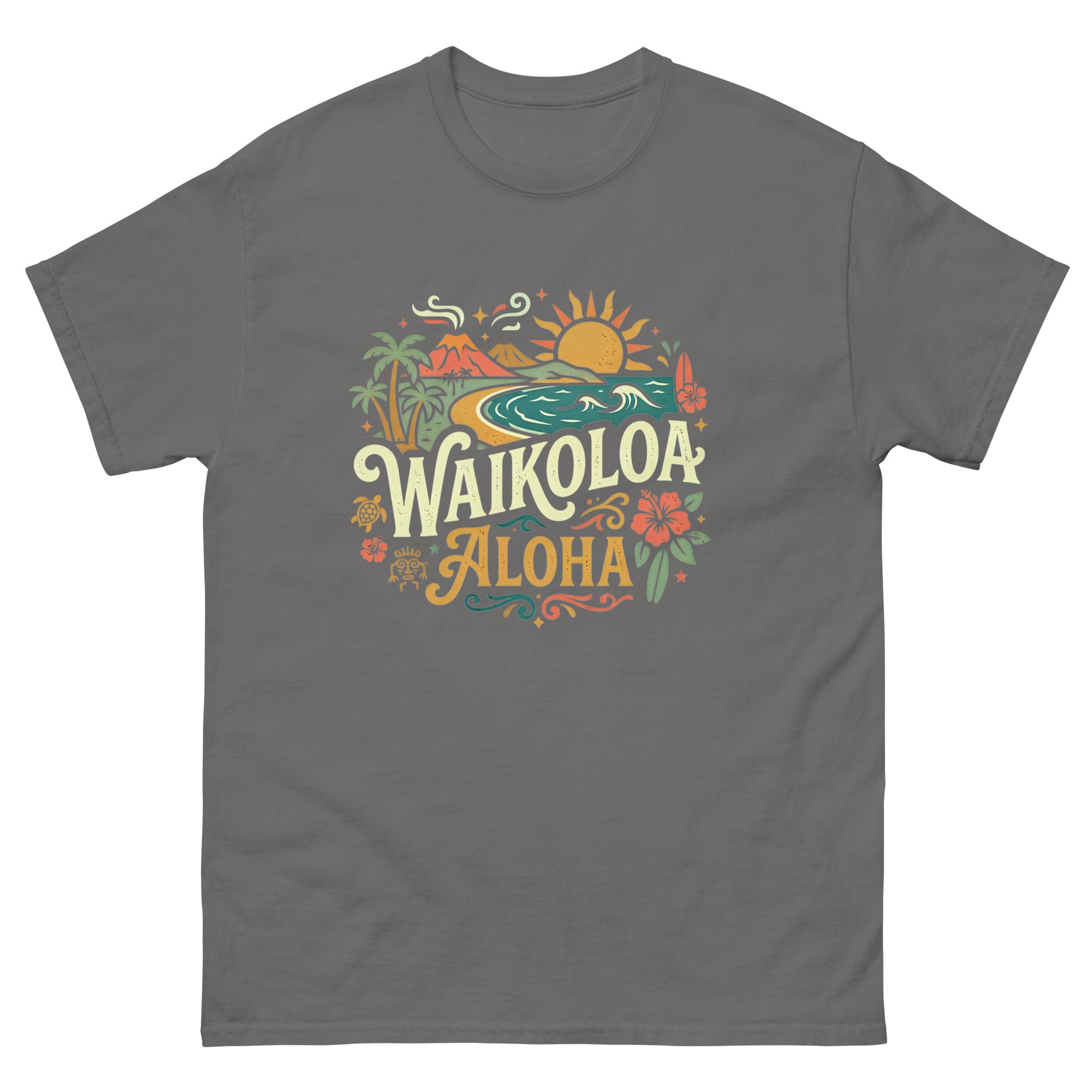 Waikoloa Aloha Hawaiian t-shirt design on a Charcoal unisex tee