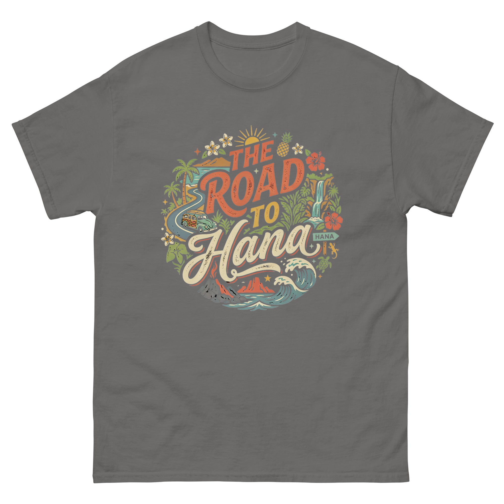 The Road to Hana Hawaiian t-shirt design on a Charcoal unisex tee