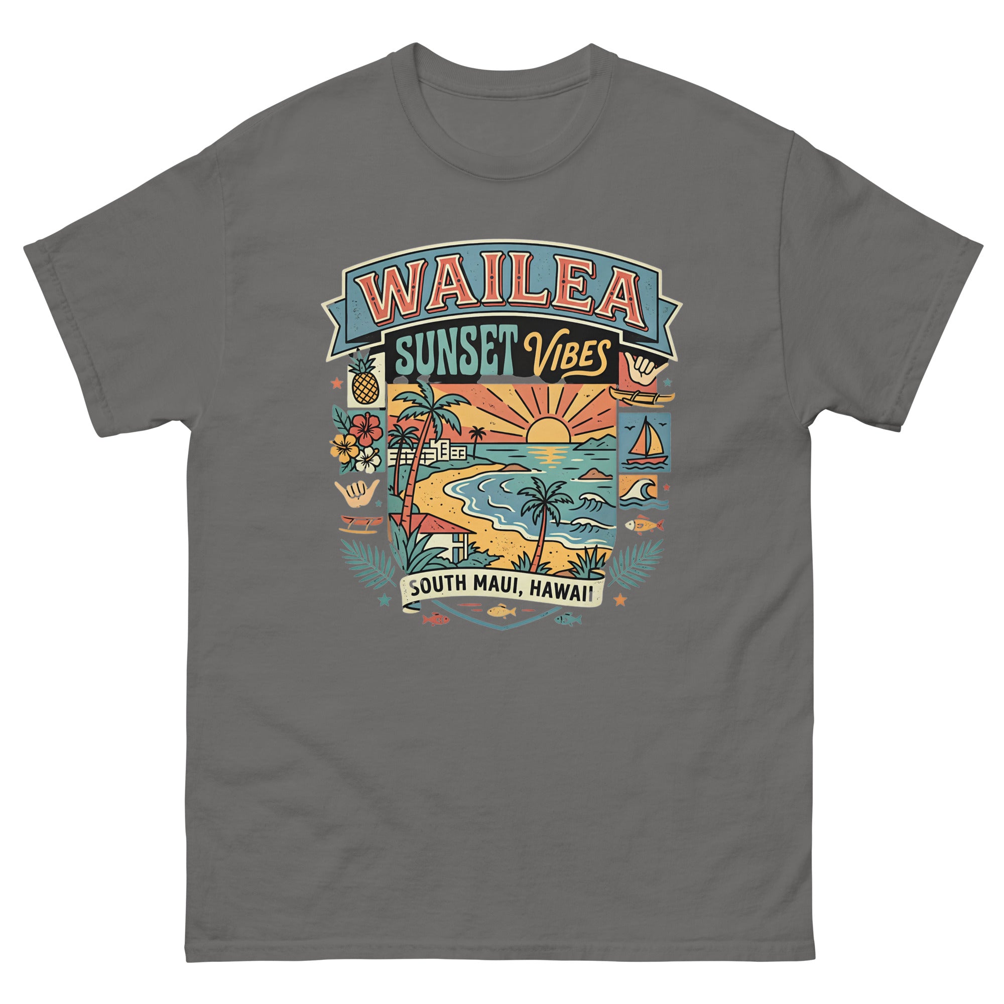 Wailea Maui Aloha Beach Hawaiian t-shirt design on a Charcoal unisex tee