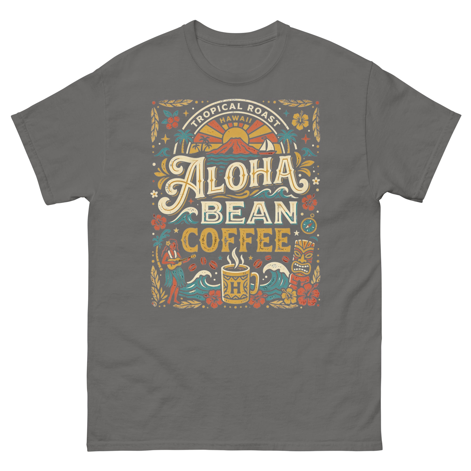 Tropical Roast Aloha Bean Coffee Hawaiian t-shirt design on a Charcoal unisex tee