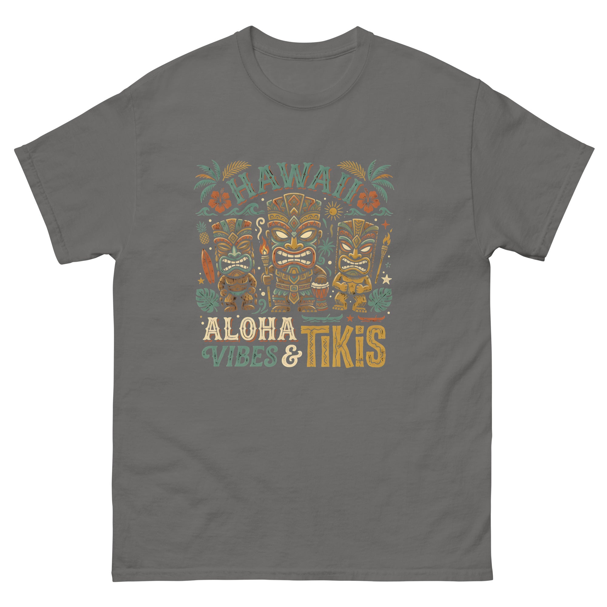 Tropical Tiki Nights v4 Hawaiian t-shirt design on a Charcoal unisex tee