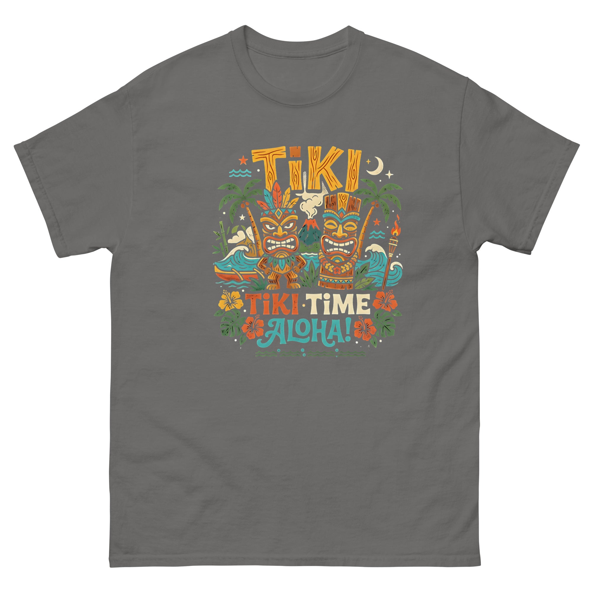 Tropical Tiki Nights v2 Hawaiian t-shirt design on a Charcoal unisex tee