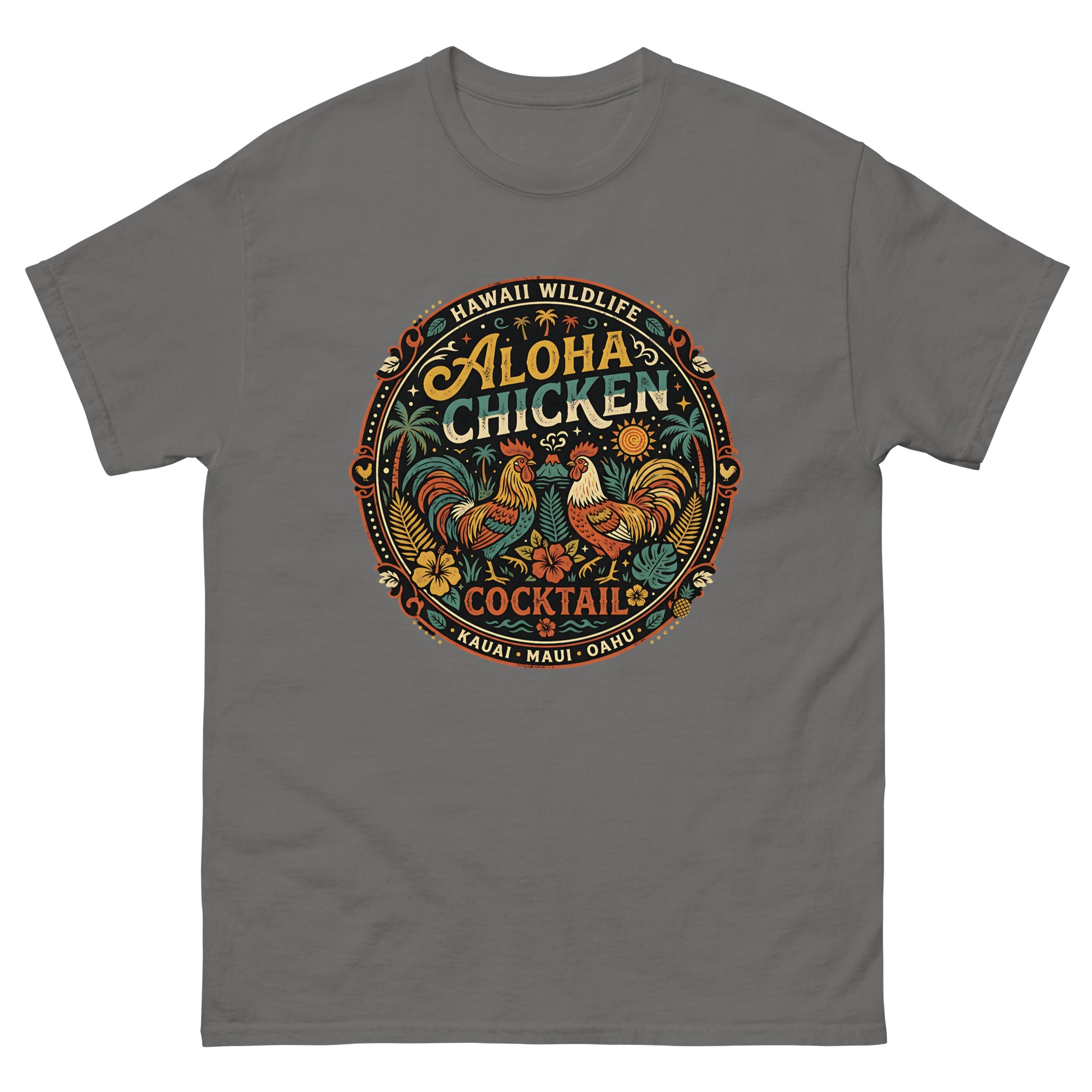 Aloha Chicken Kauai Hawaiian t-shirt design on a Charcoal unisex tee