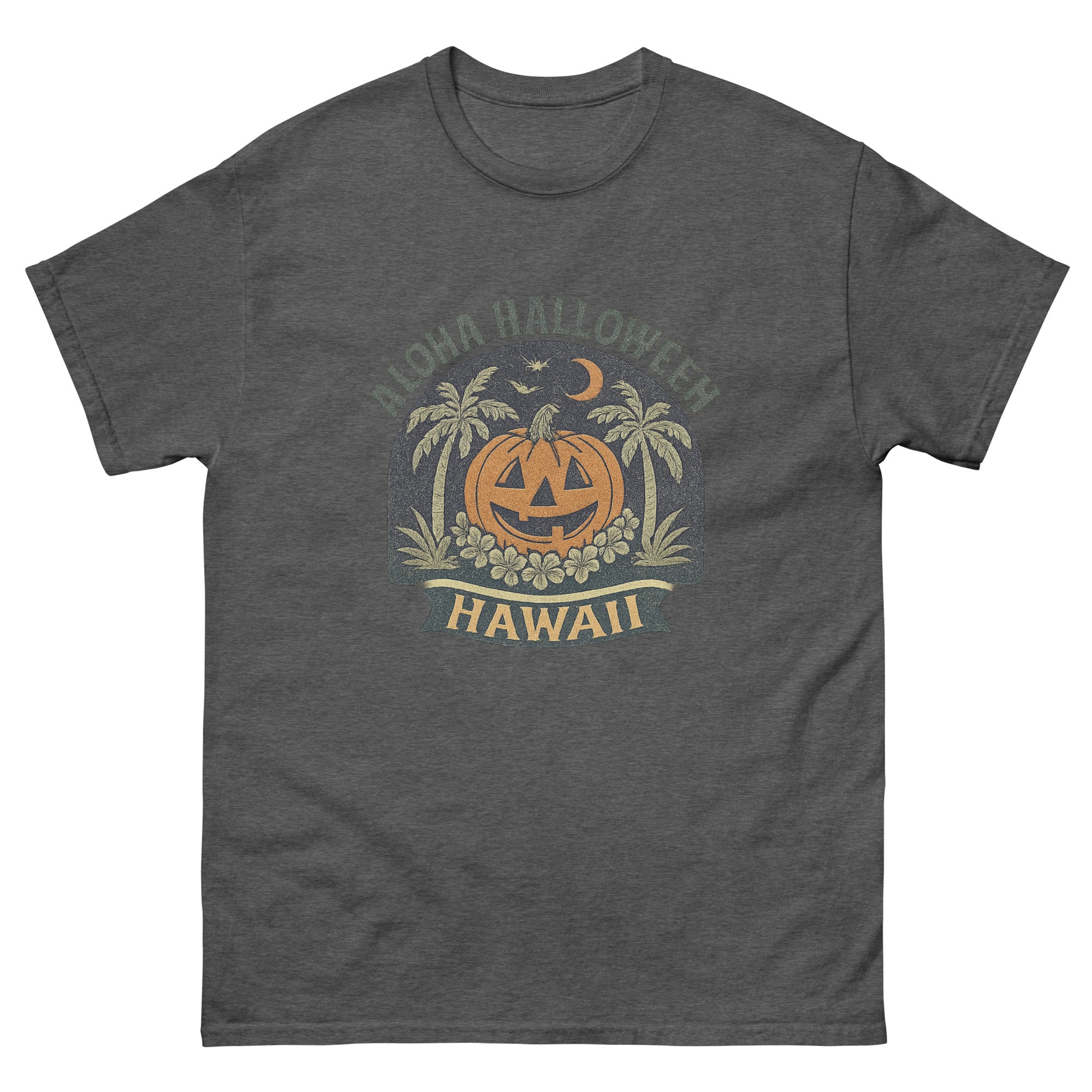 Aloha Halloween Hawaiian t-shirt design on a Dark Heather unisex tee